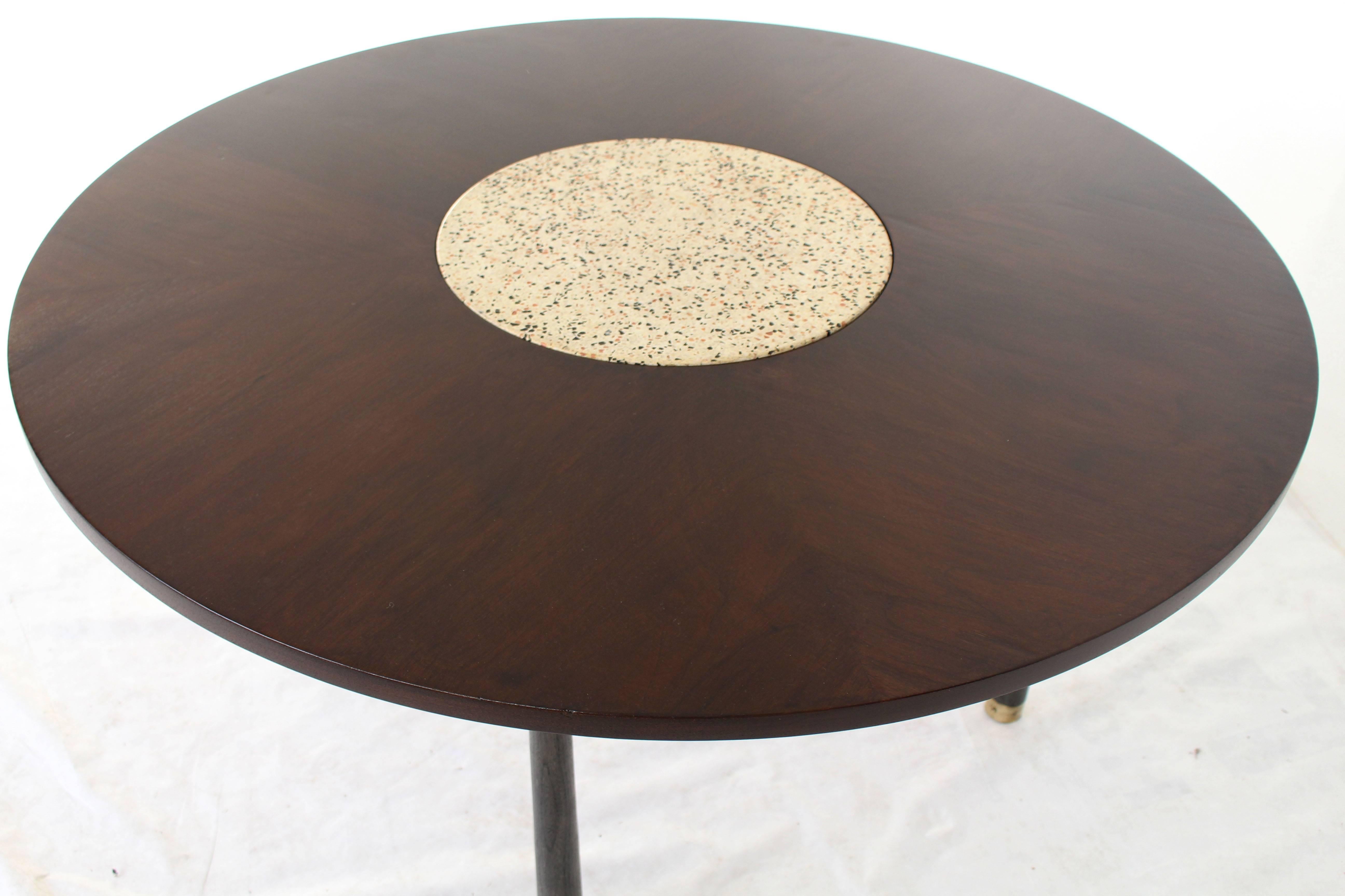 Lacquered Harvey Probber Round Walnut Game Center Table with Travertine Insert For Sale
