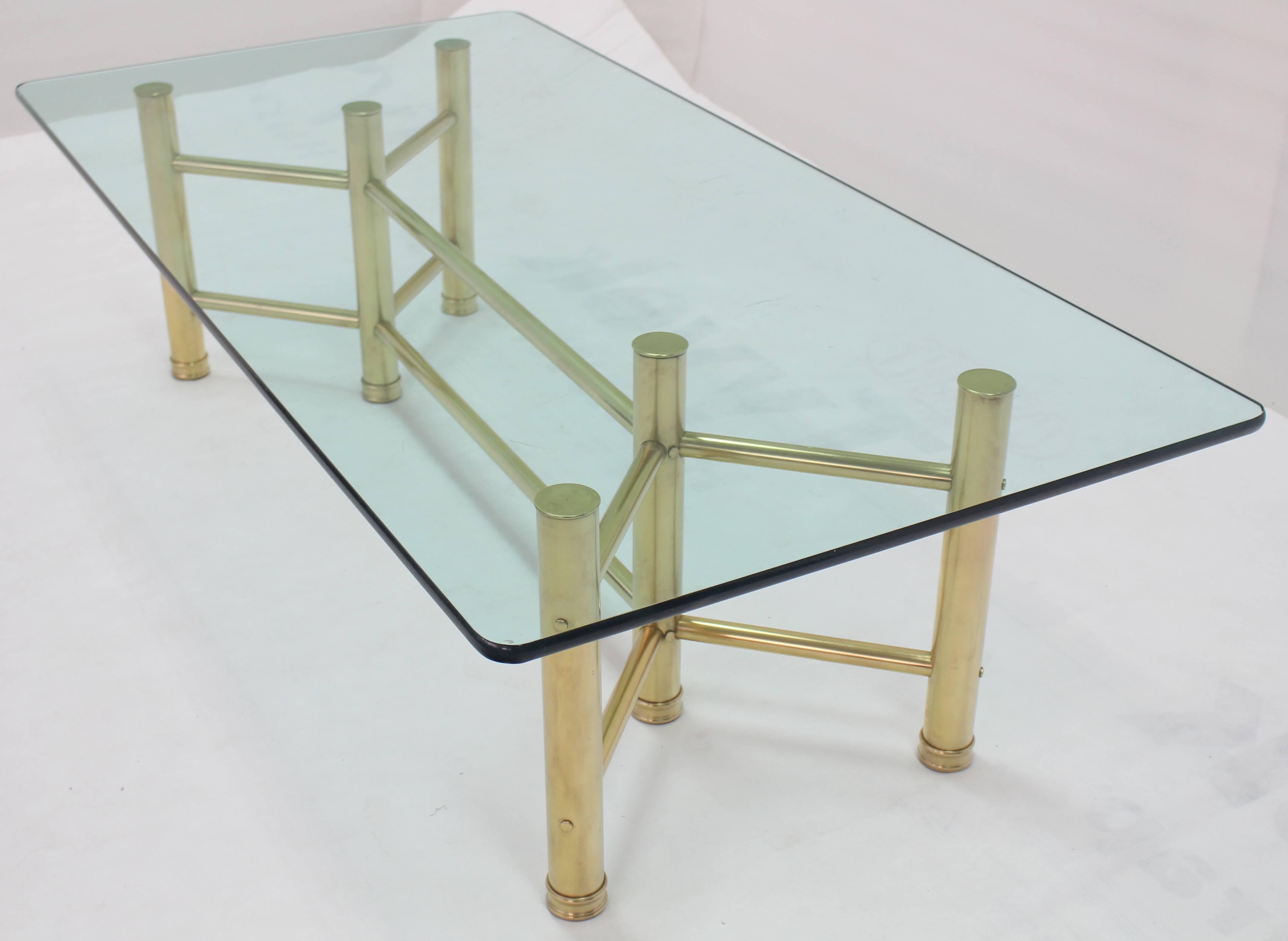 Polished Solid Brass Tube Glass Top Rectangular Coffee Table For Sale
