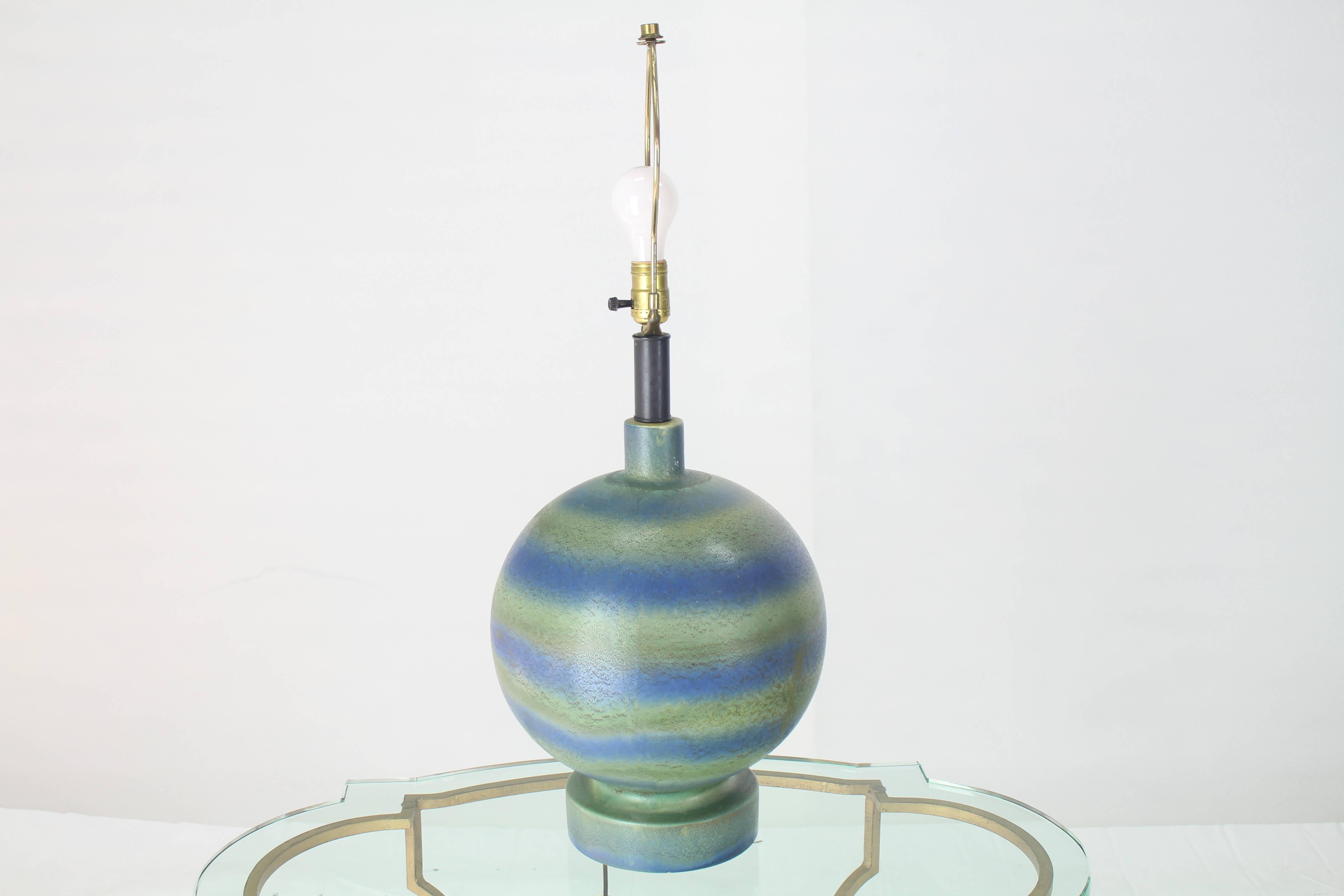 Mid-Century Modern Ceramic Pottery Globe Shape Lamp Green Blue Stripes For Sale