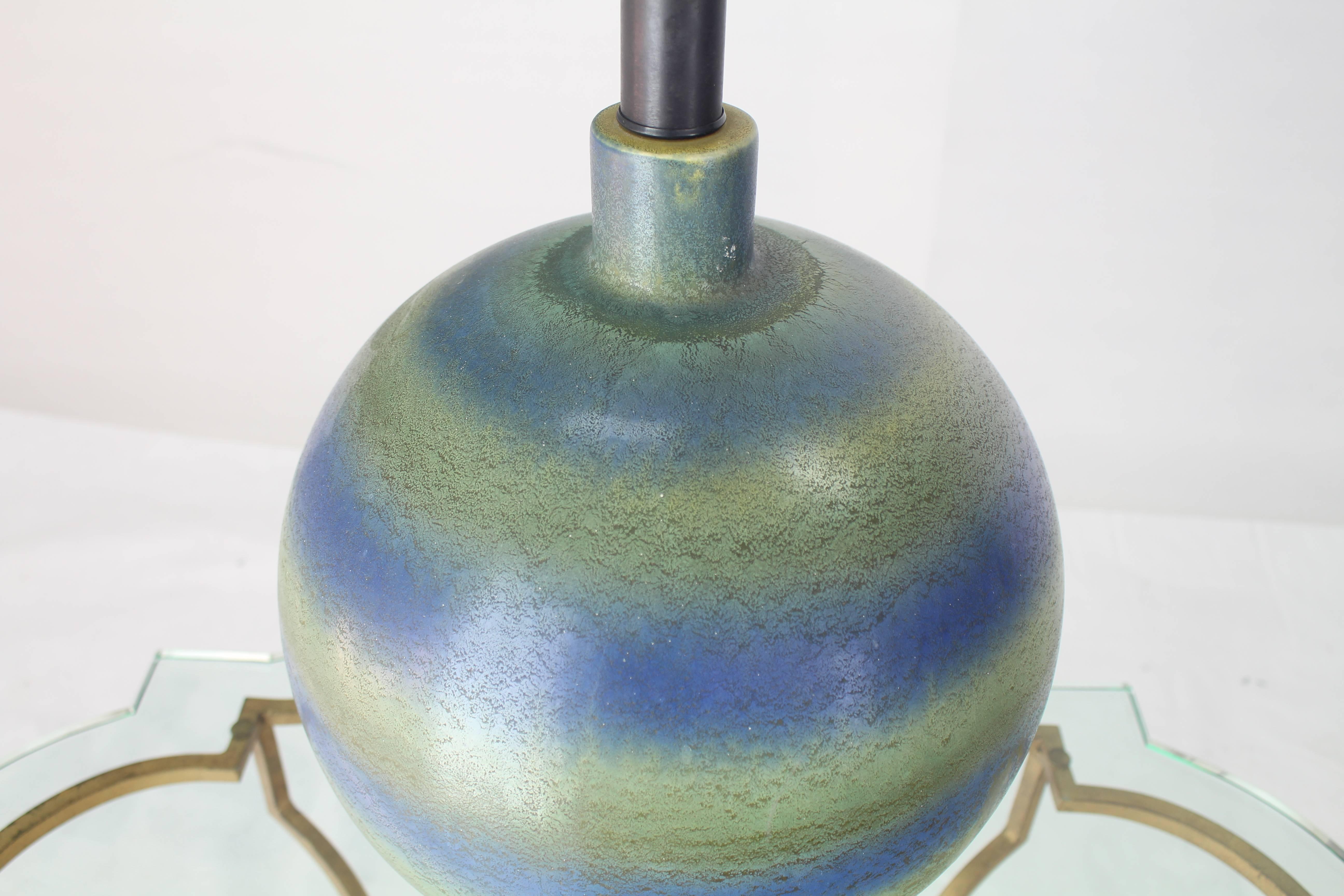 American Ceramic Pottery Globe Shape Lamp Green Blue Stripes For Sale