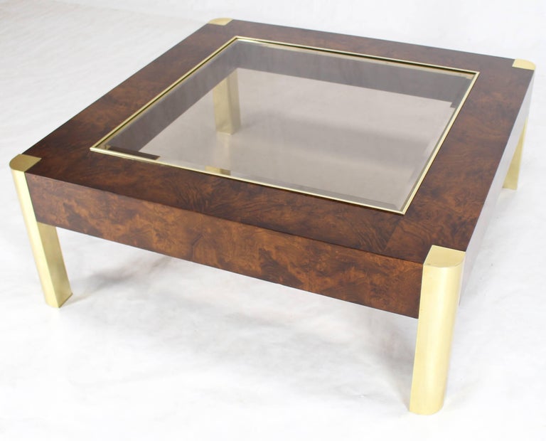 Mid-Century Modern Burl Wood Brass Glass Top Square Coffee Table For Sale