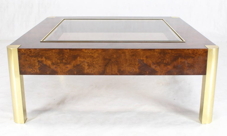 Mid-Century Modern massive burl wood frame glass top square coffee table. Gorgeous burl wood grain pattern. Nice design proportions.