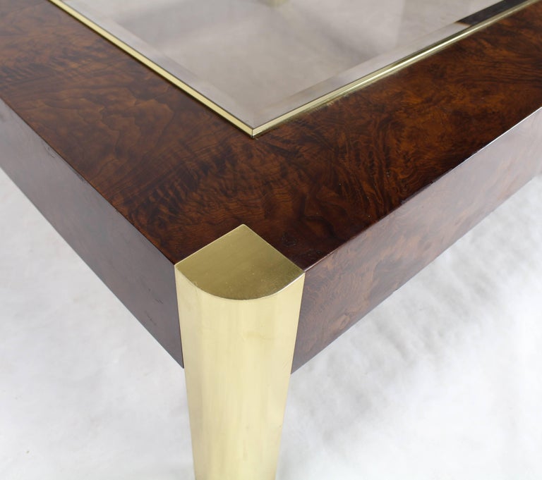 Lacquered Burl Wood Brass Glass Top Square Coffee Table For Sale