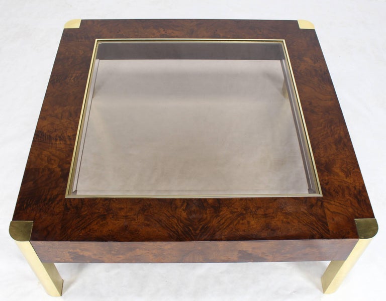 American Burl Wood Brass Glass Top Square Coffee Table For Sale