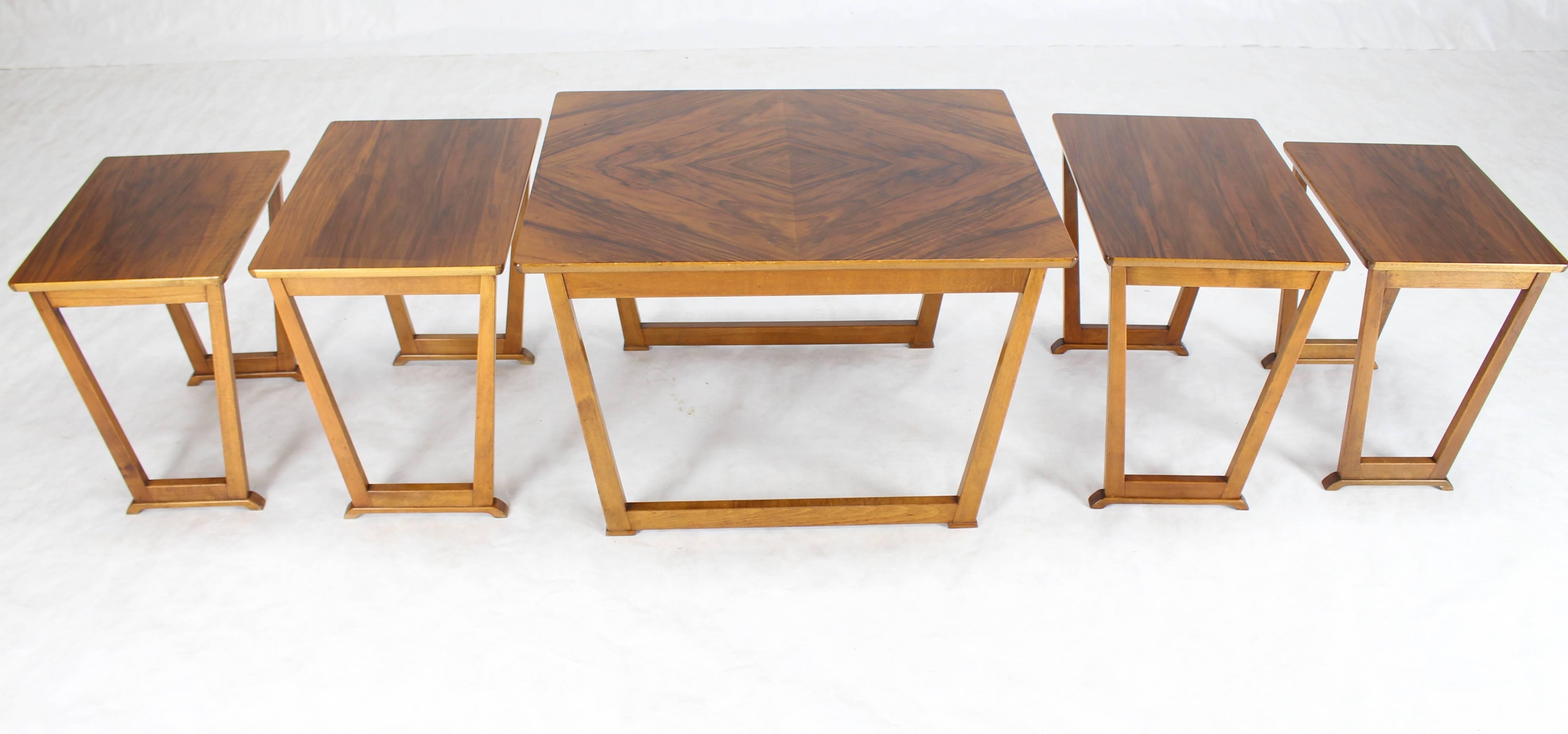 Set of five Mid-Century Modern Swedish burl wood nesting tables.