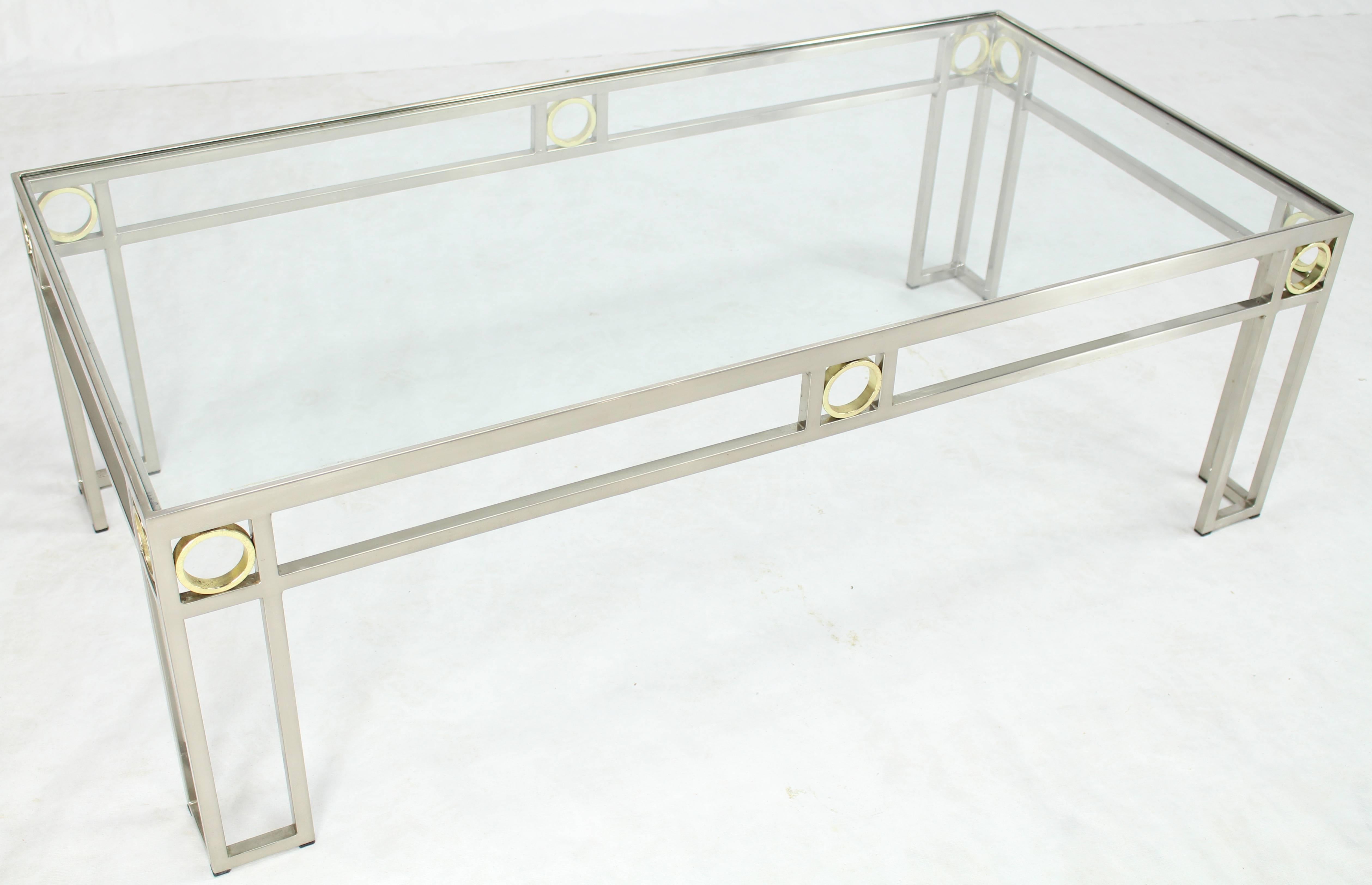 Mid-Century Modern Brass Chrome Glass Rectangular Coffee Table For Sale