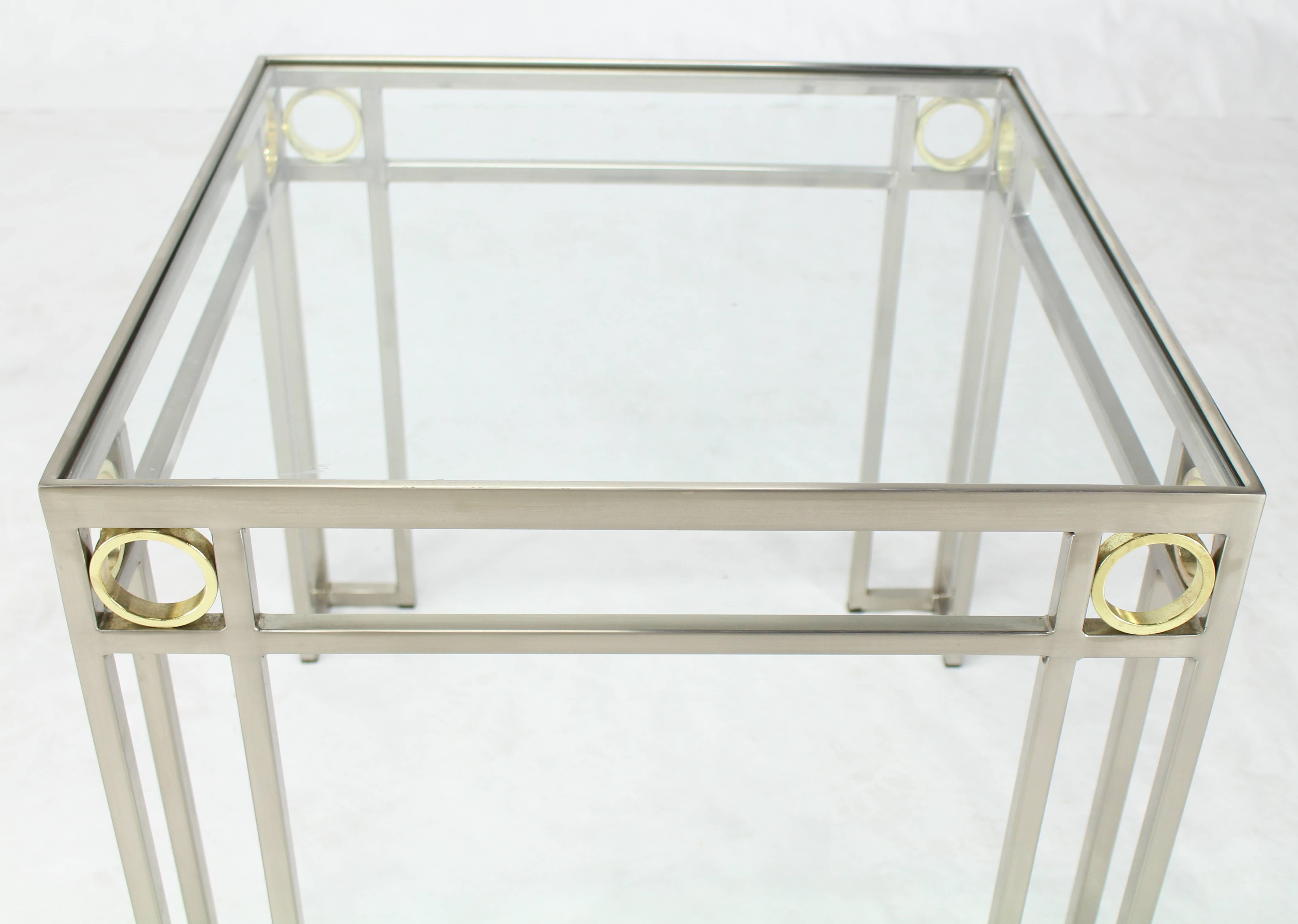 Mid-Century Modern Square Brass Rings Chrome Frame Shape Base Glass Top Side Table For Sale