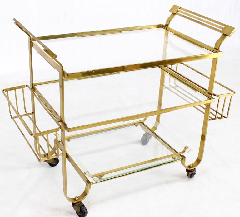 Polished Solid Brass and Glass Mid-Century Modern Bar Cart For Sale