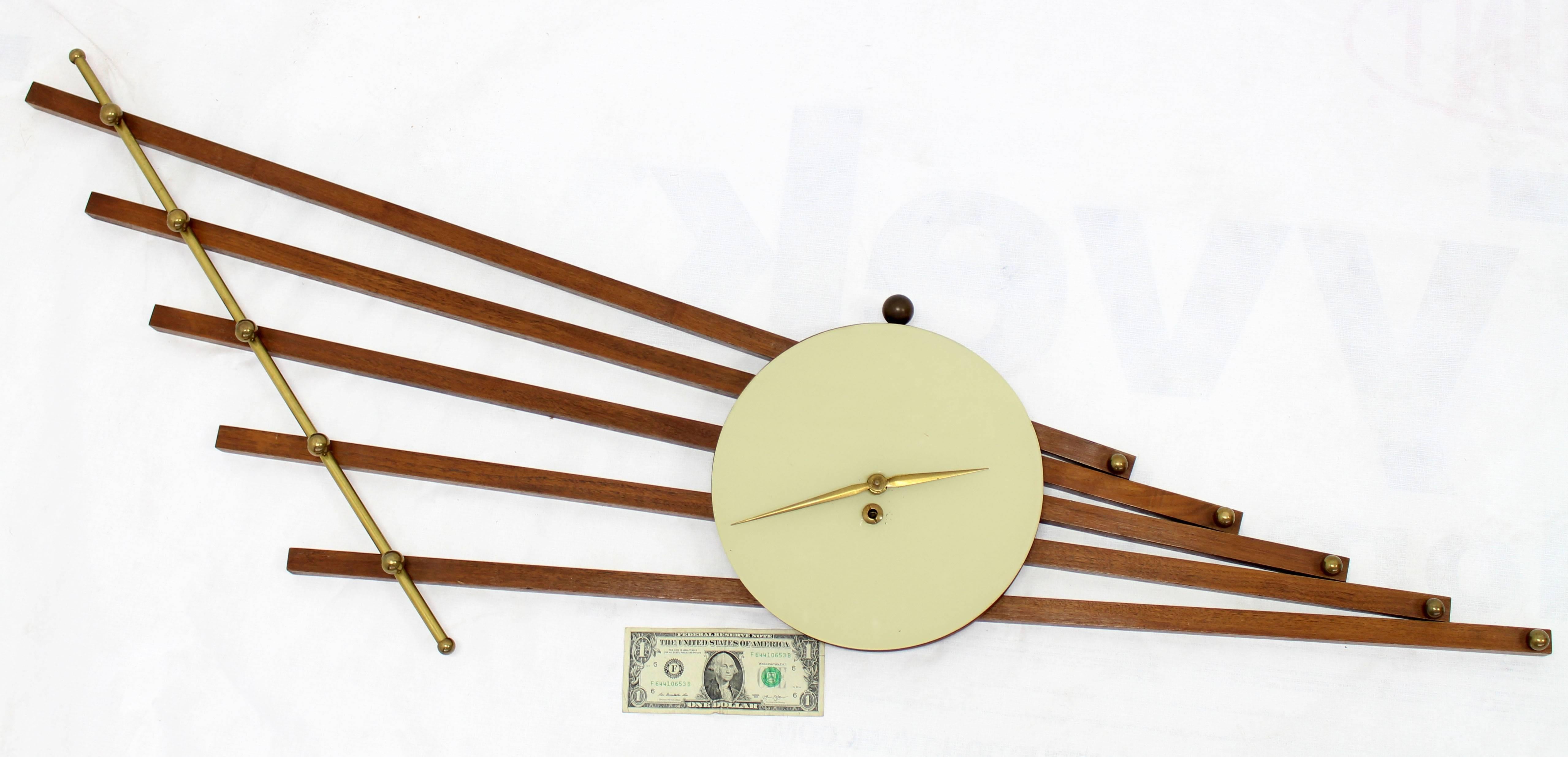 Mid-Century Modern Large French Art Deco Walnut Brass Wall Sculpture Clock For Sale