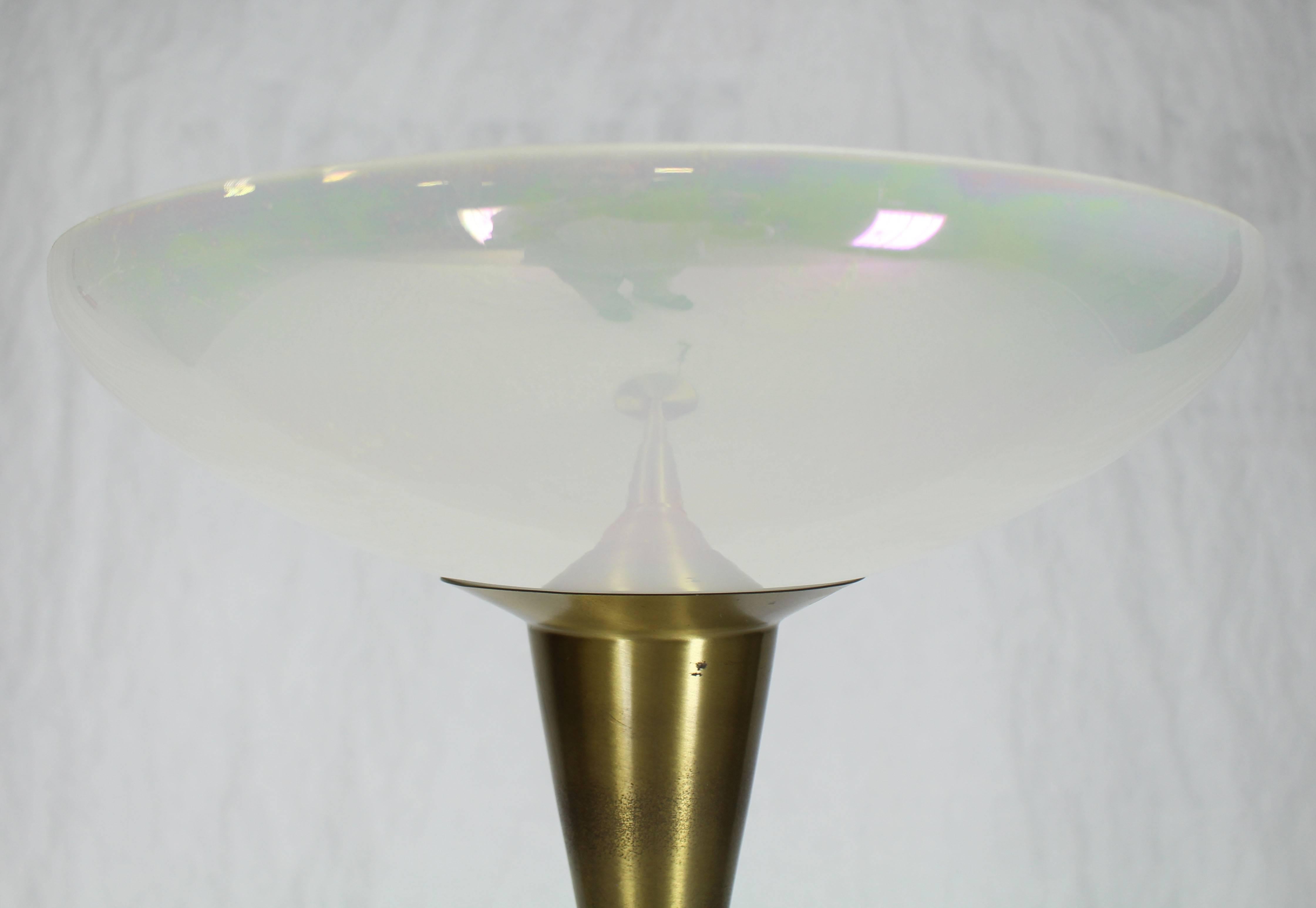 Mid-Century Modern Brass Tall Torchere Floor Lamp Iridescent Shade For Sale