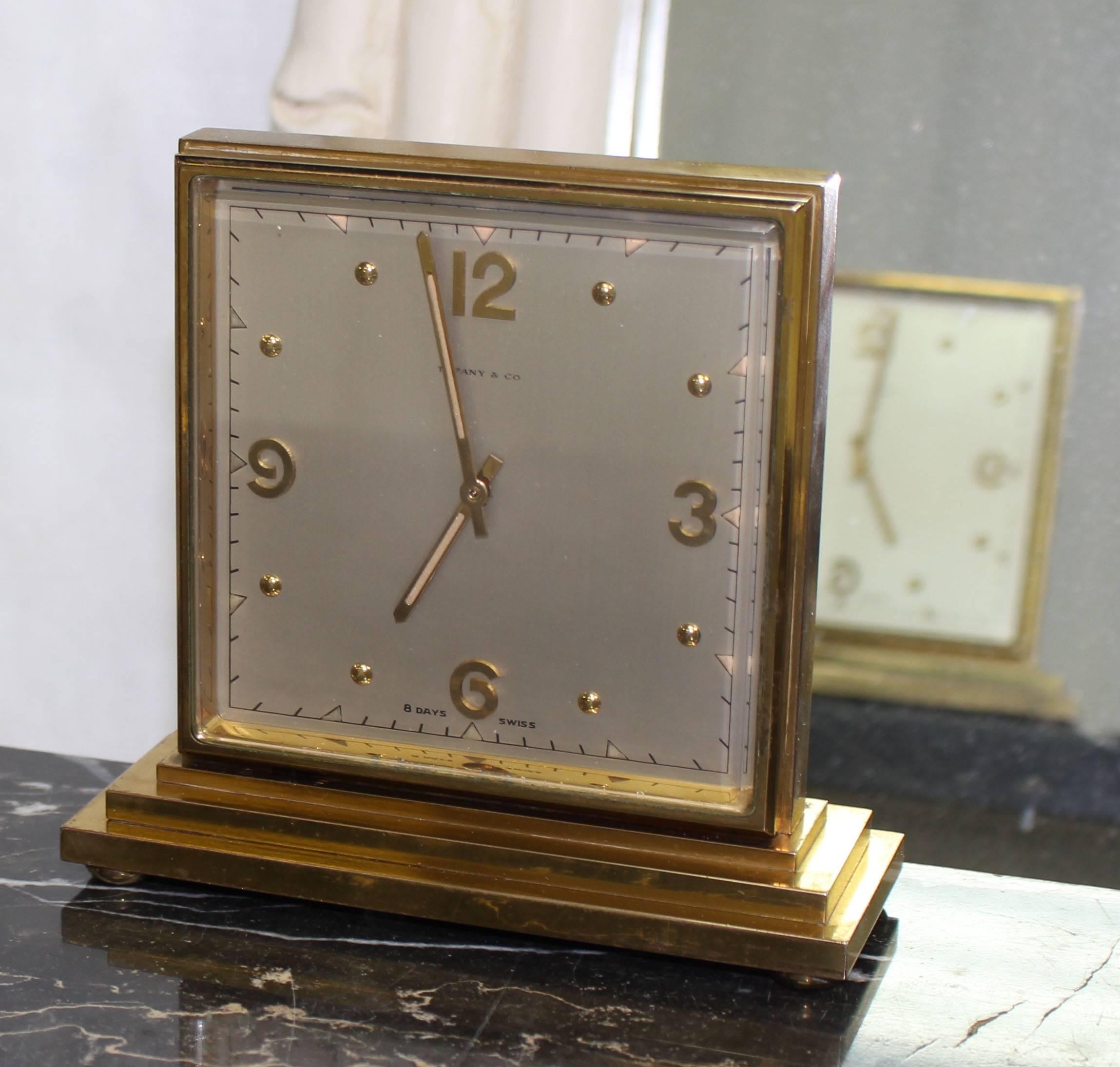 Very nice solid and heavy bronze Tiffany double sided Art Deco 8 day clock. Winds up and works. Swiss made.