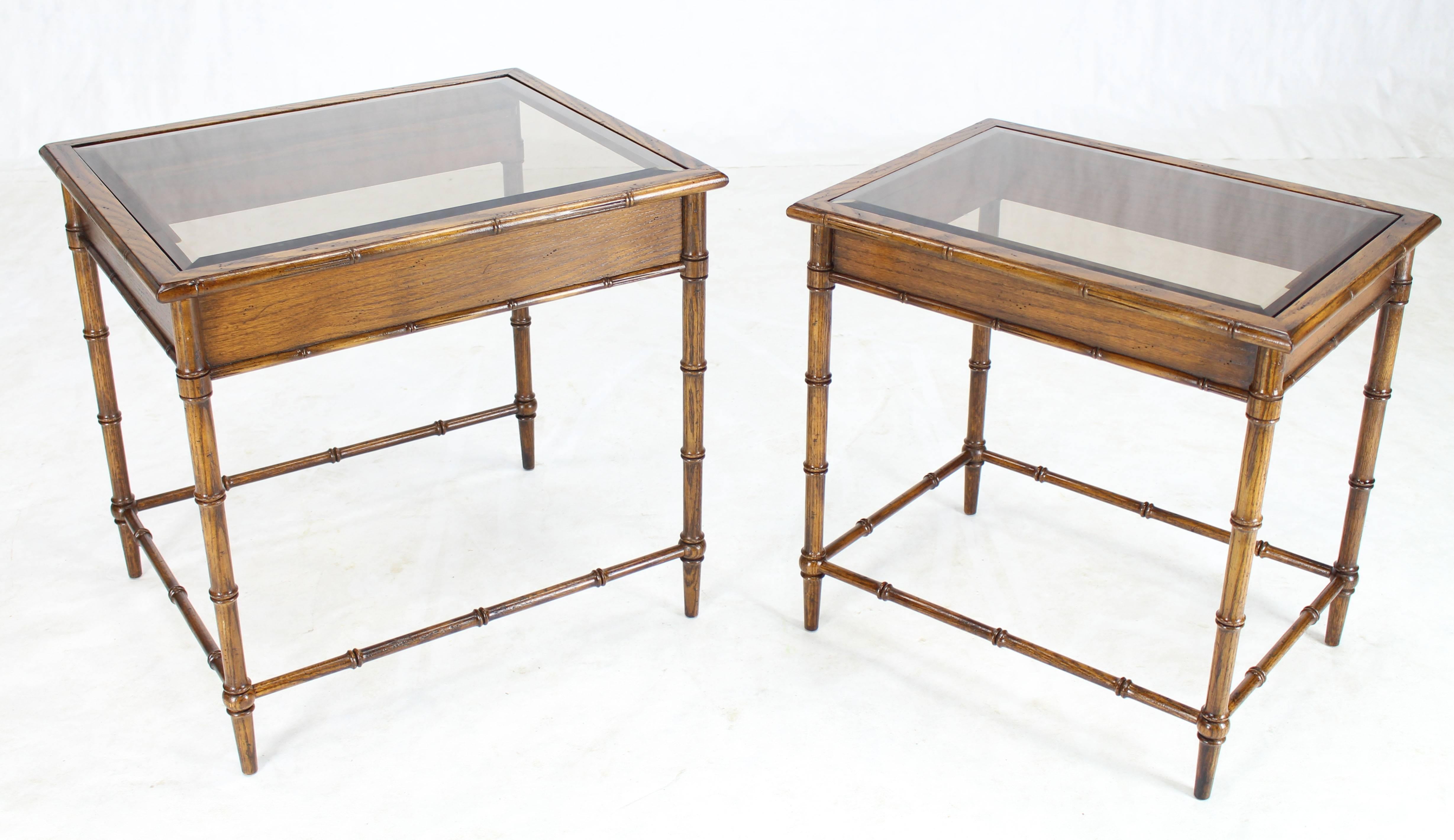 Mid-Century Modern Set of Nesting Faux Bamboo Smoked Glass Top End or Side Tables For Sale
