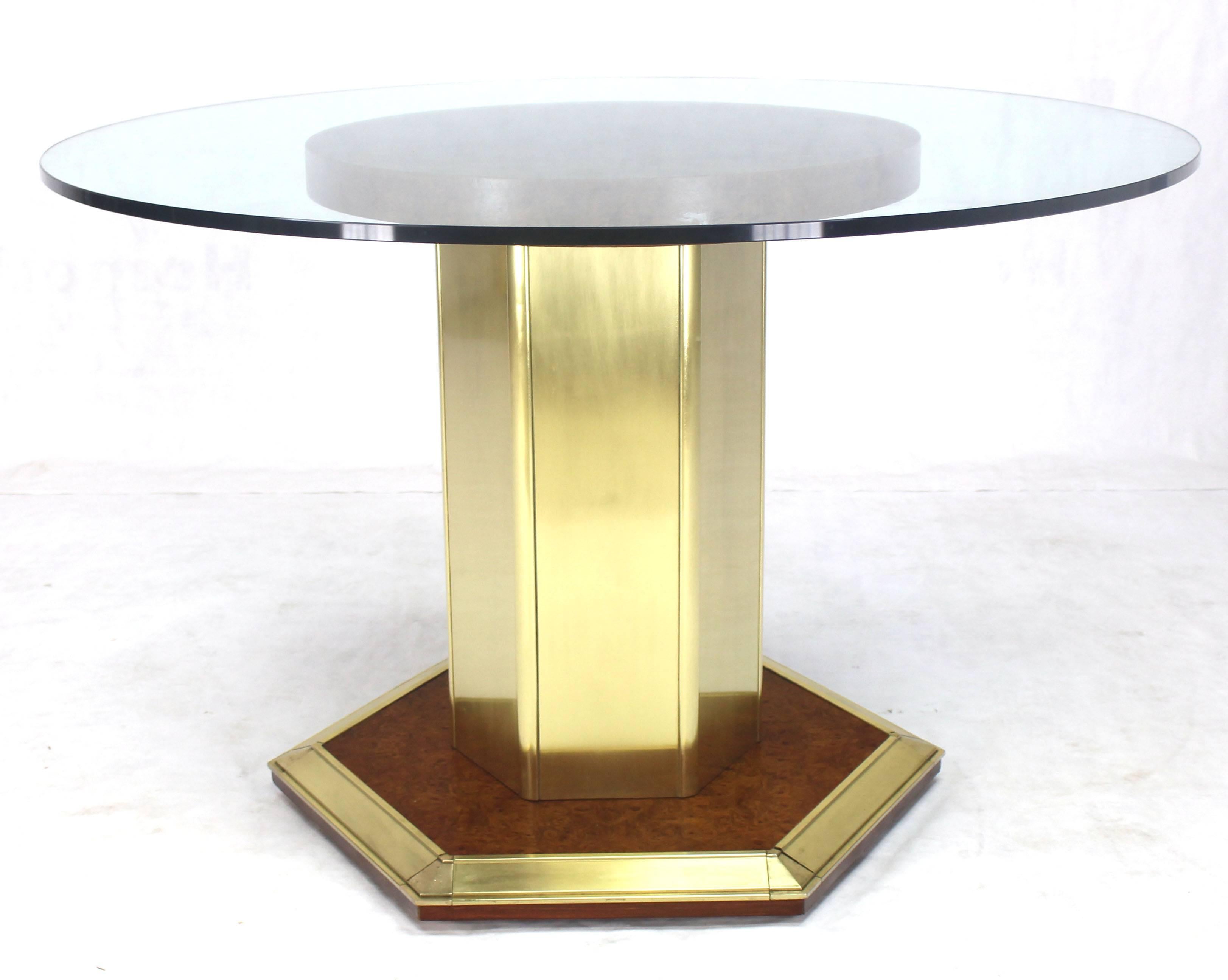 American Round Brass Burl Wood Glass Top Center Dining Conference Table Henredon For Sale
