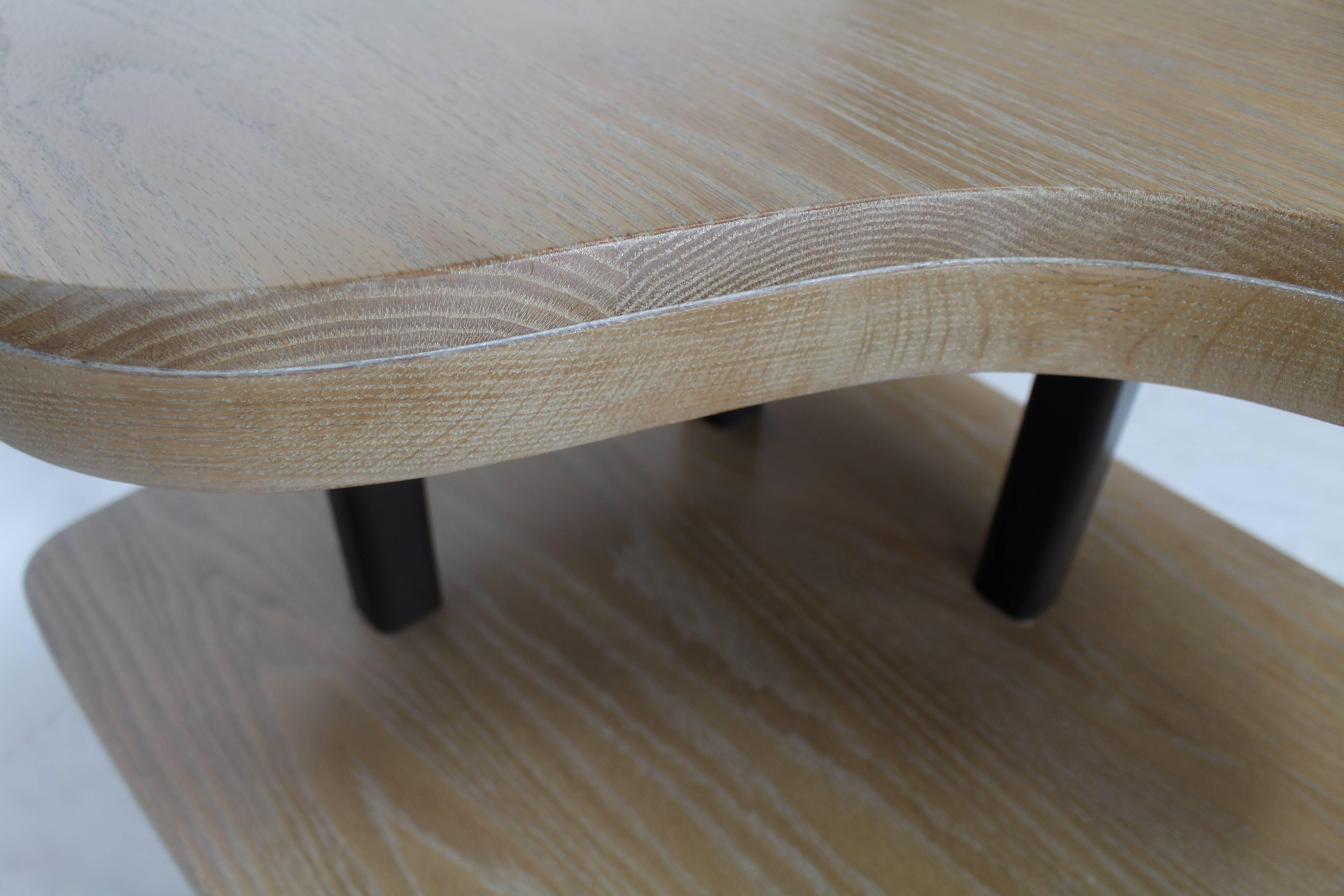 Pair of black lacquer legs cerused solid oak two-tone end occasional tables. Solid oak tops.