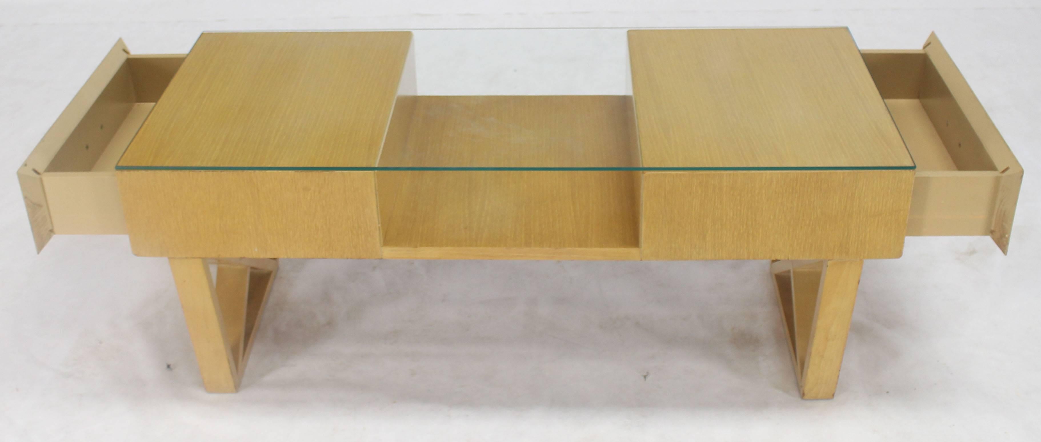 20th Century Blond Cerused Oak Glass Top X-Base Rectangular Coffee Table Storage Drawers For Sale