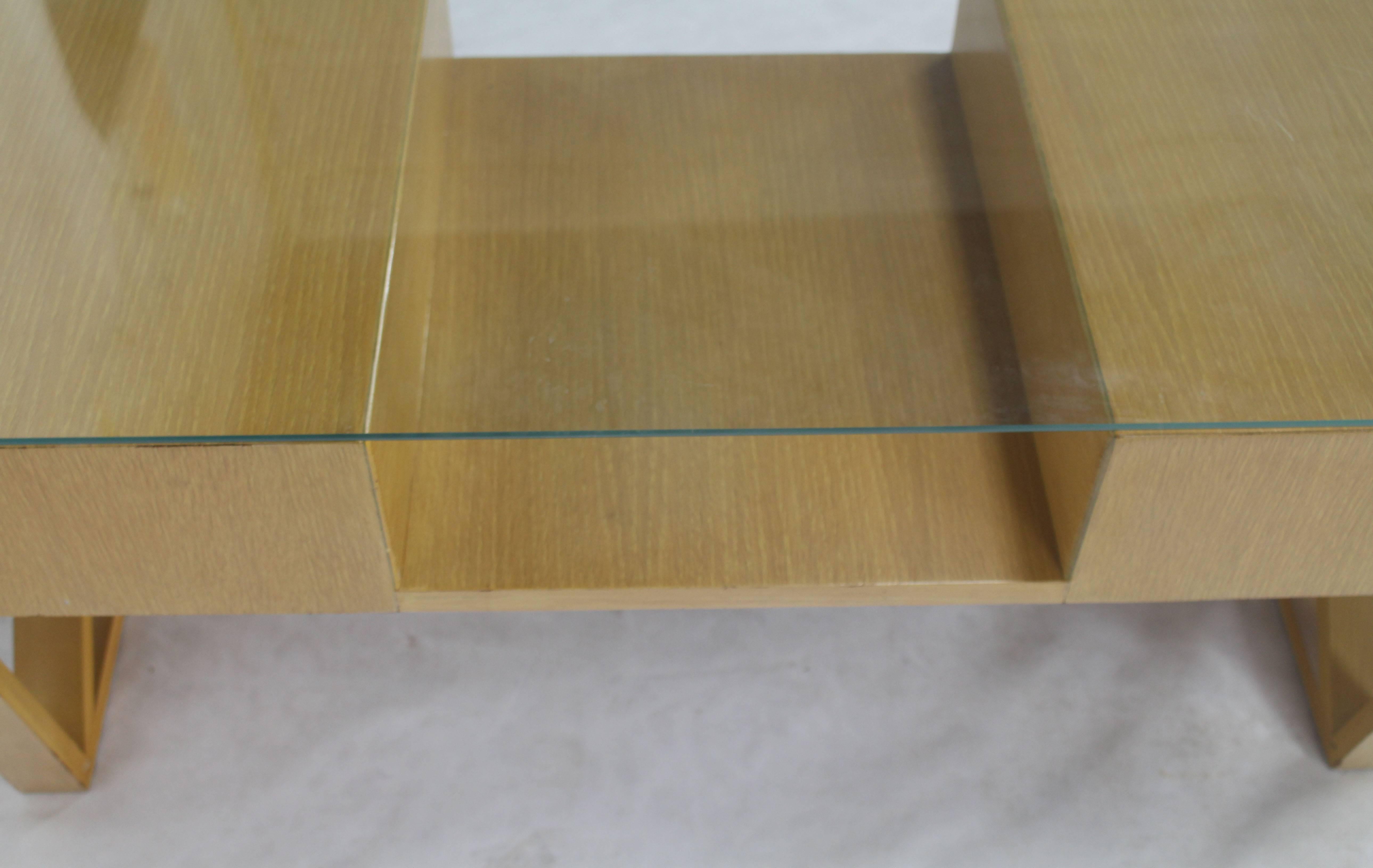Blond Cerused Oak Glass Top X-Base Rectangular Coffee Table Storage Drawers In Good Condition For Sale In Rockaway, NJ