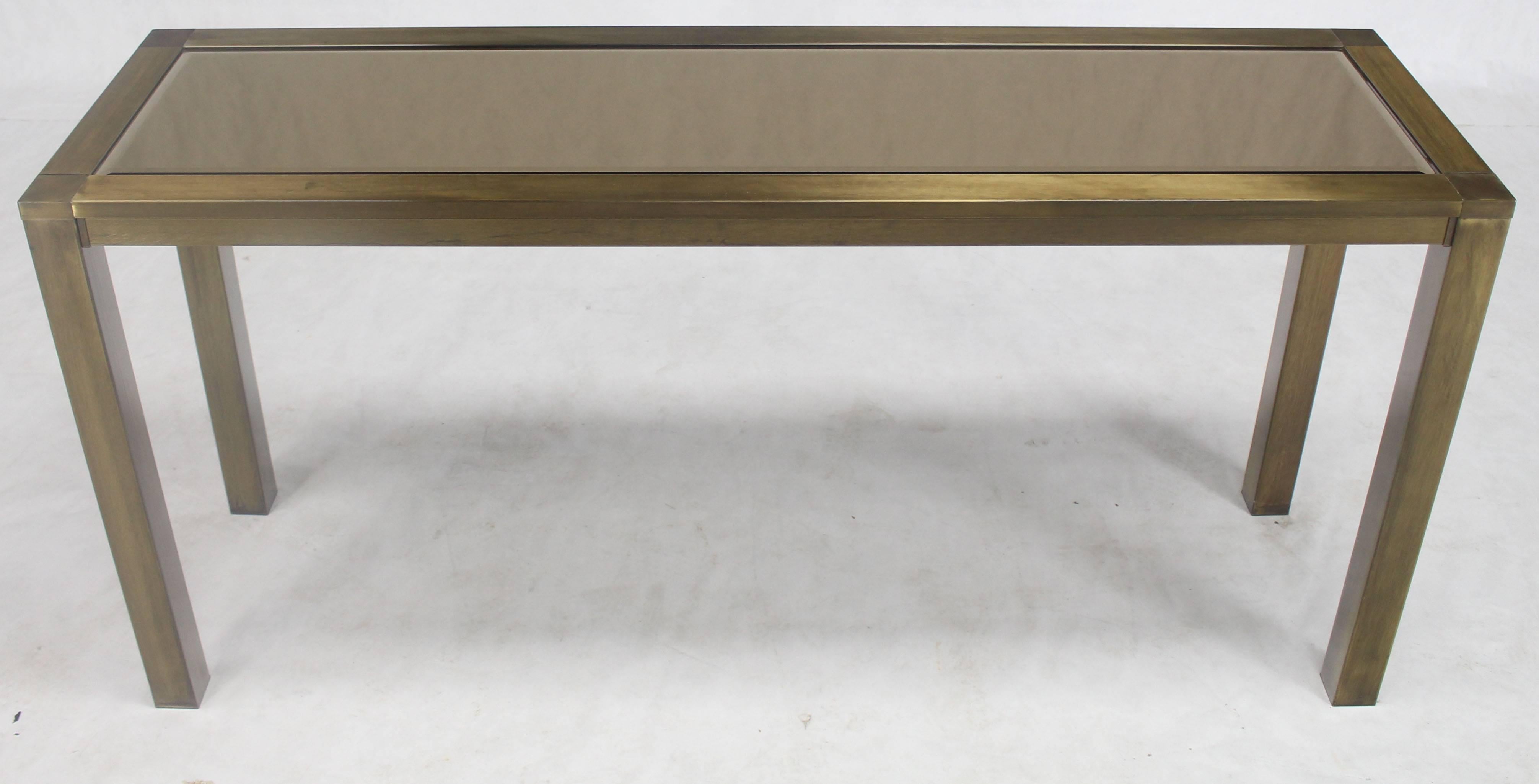 Mid-Century Modern Brass Smoked Glass Rectangular Console Table