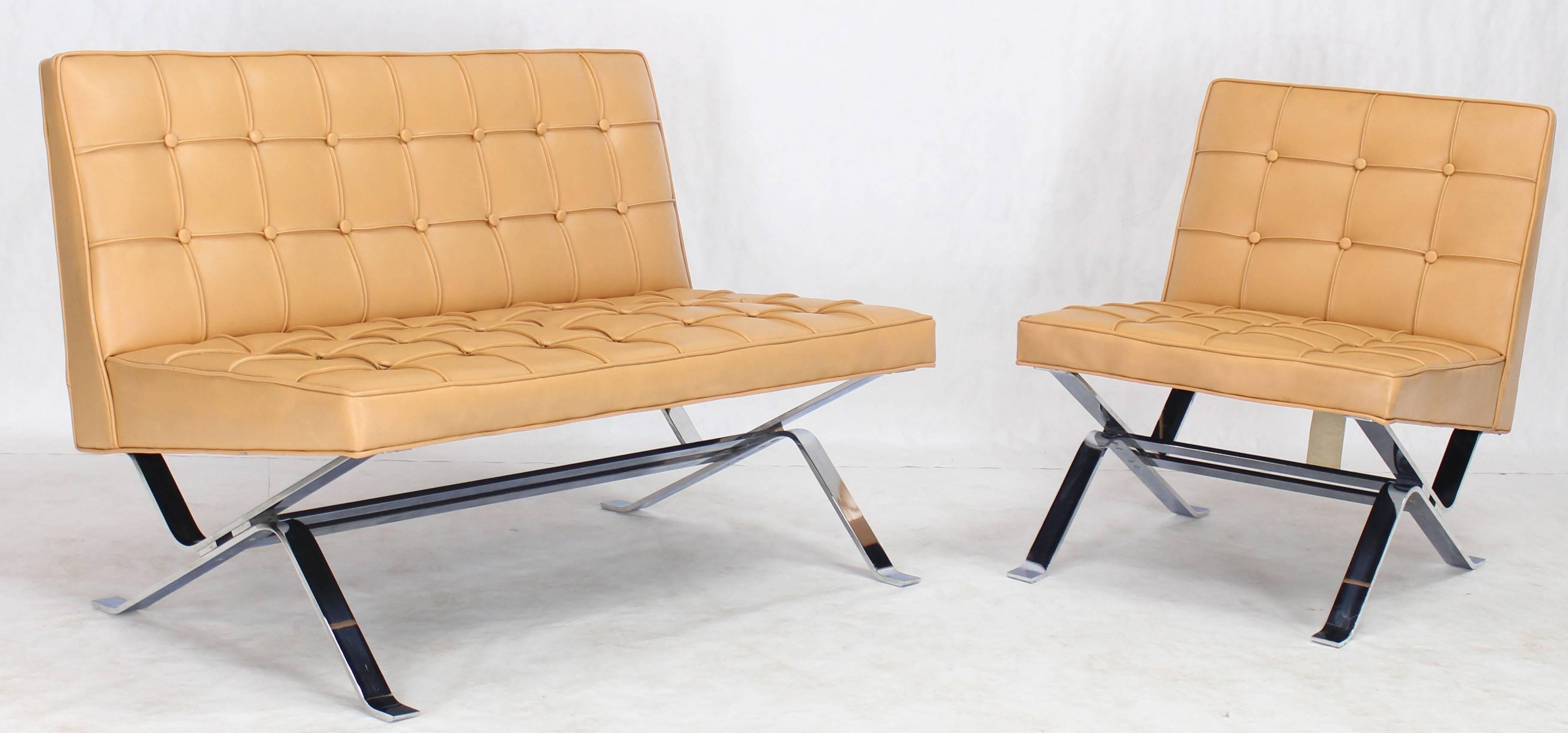 Mid-century modern chrome metal bent Z-base tufted upholstery living room set. The lounge chair width is 25