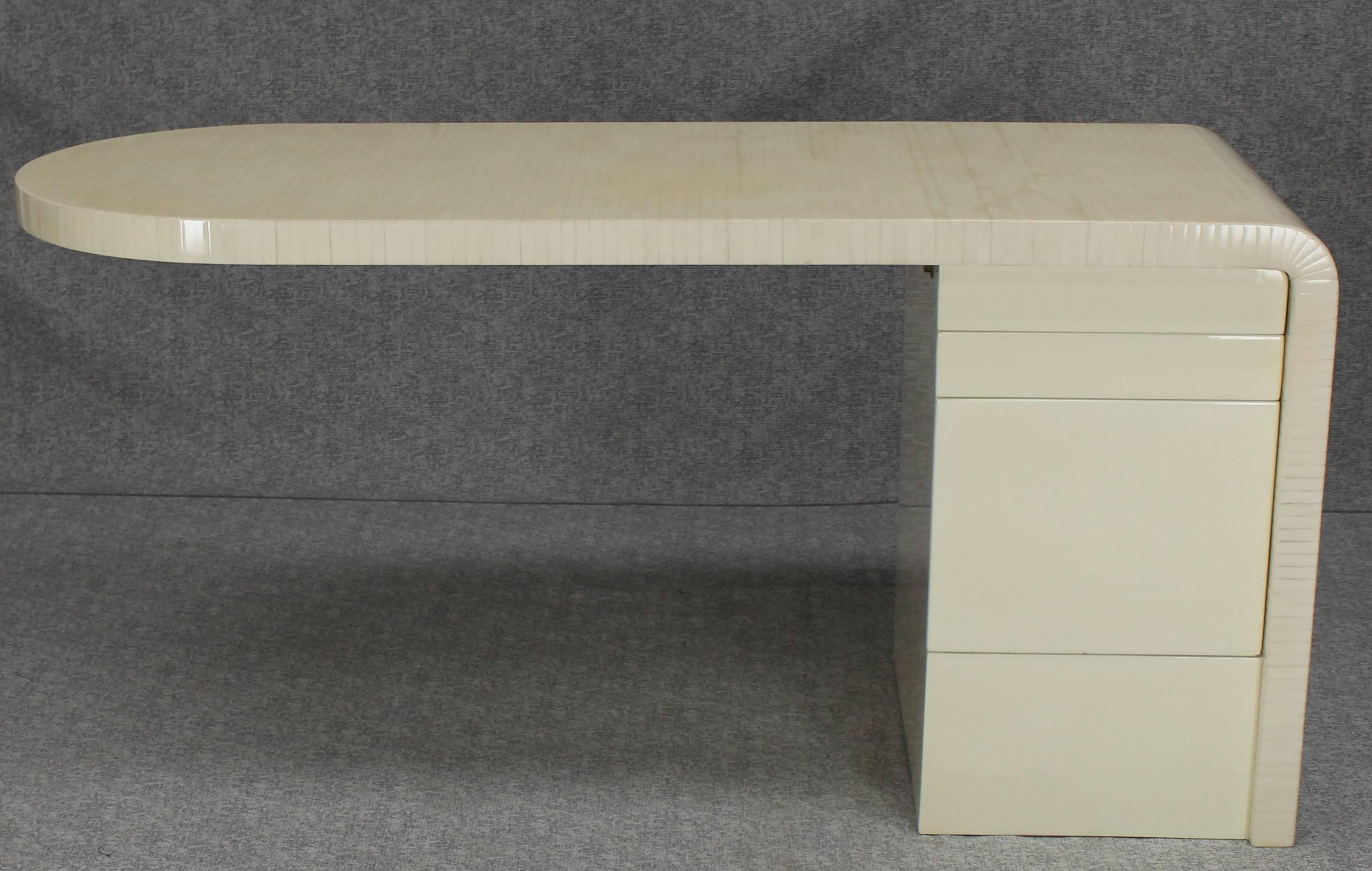 Cantilever Lacquered White Tessellated Bone Tile File Drawer Desk Writing Table In Good Condition For Sale In Rockaway, NJ