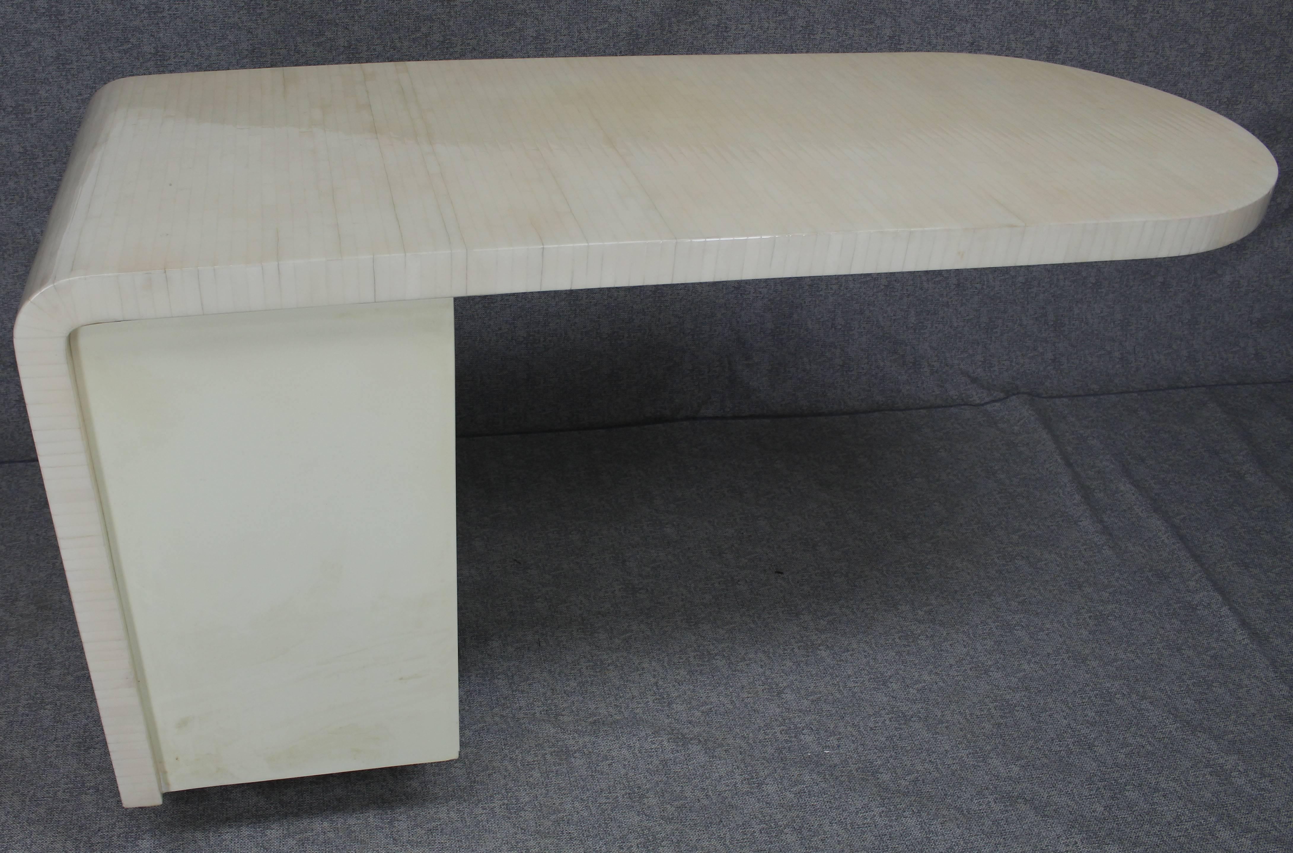 Mid-Century Modern white tile bone desk, weighted bottom study cantilever design.