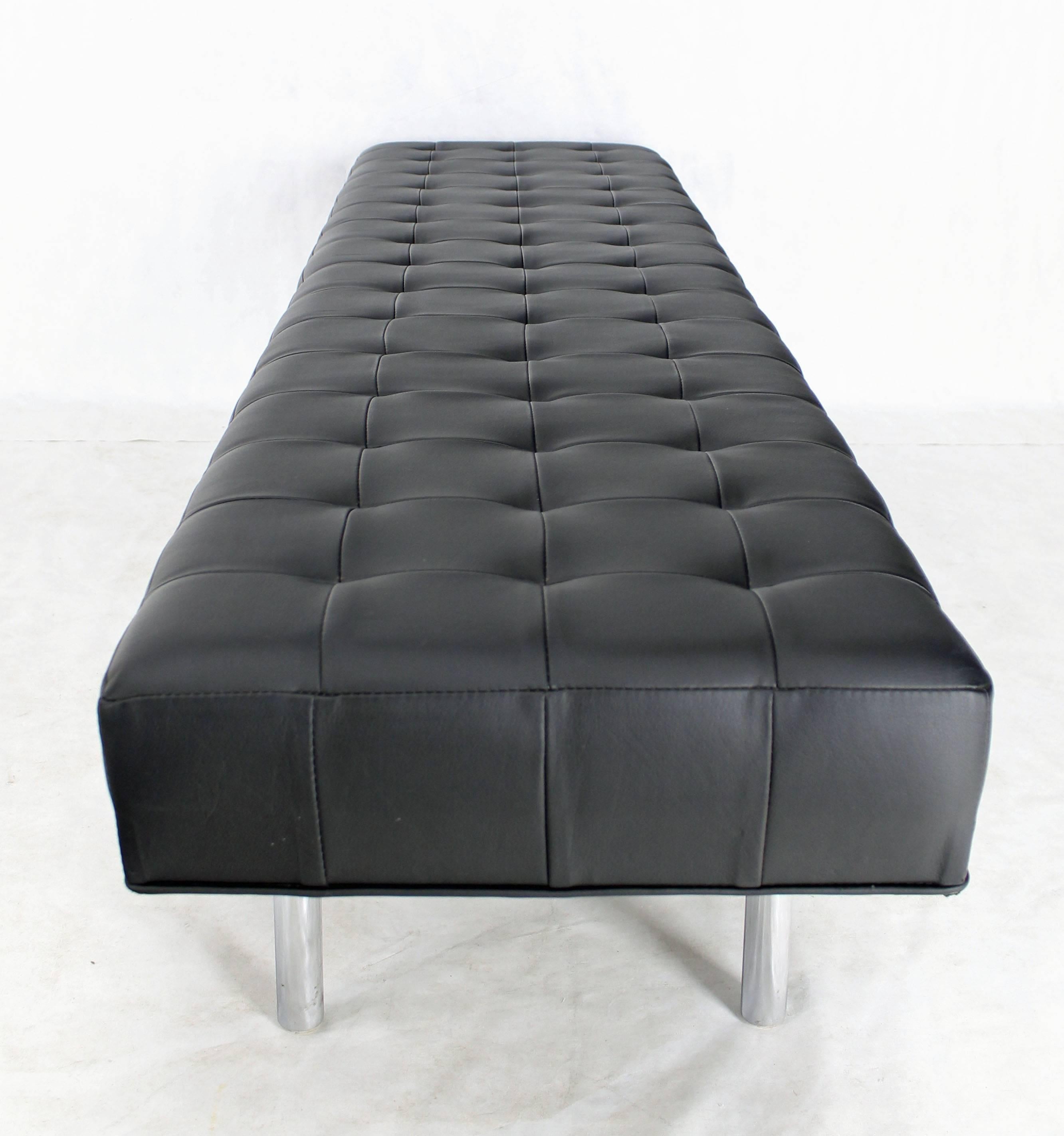 Mid-Century Modern Tufted Black Upholstery Long Modern Bench on Chrome Cylinder Legs