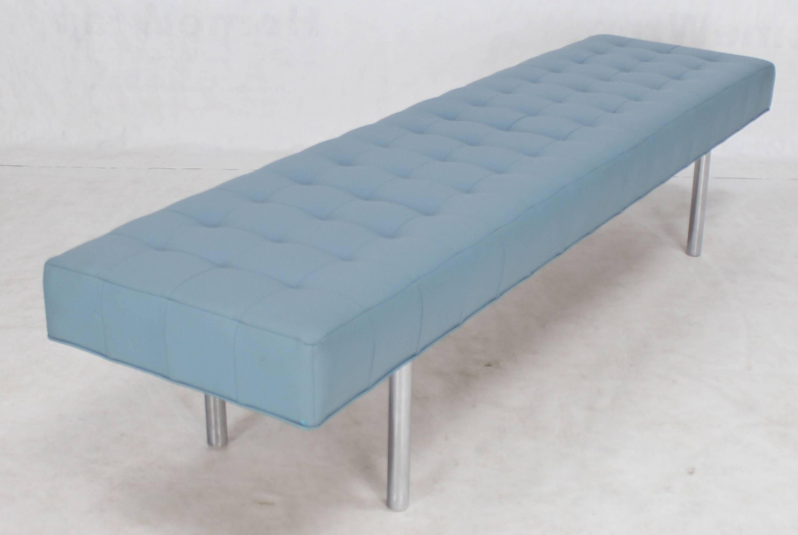 Polished Tufted Light Blue Upholstery Chrome Cylinder Legs Long Bench Almost Daybed