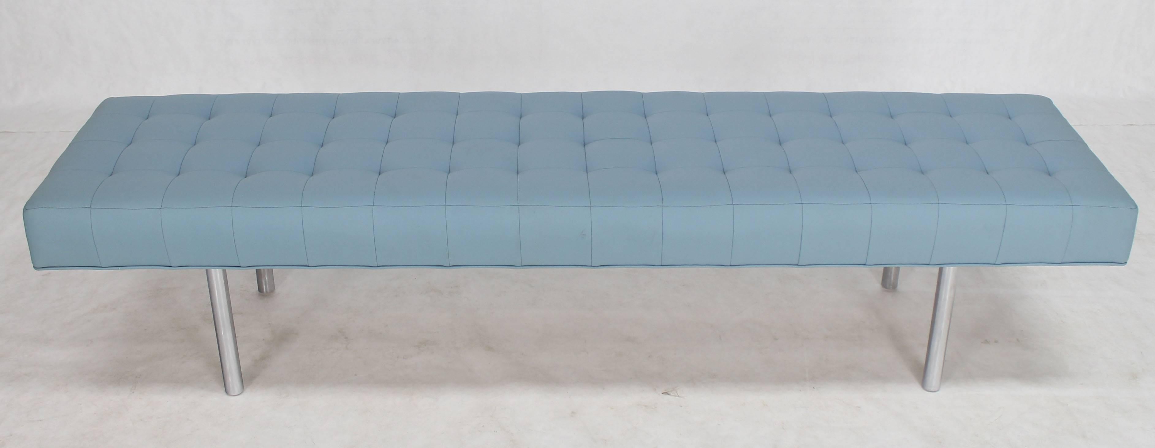 Mid-Century Modern Tufted Light Blue Upholstery Chrome Cylinder Legs Long Bench Almost Daybed