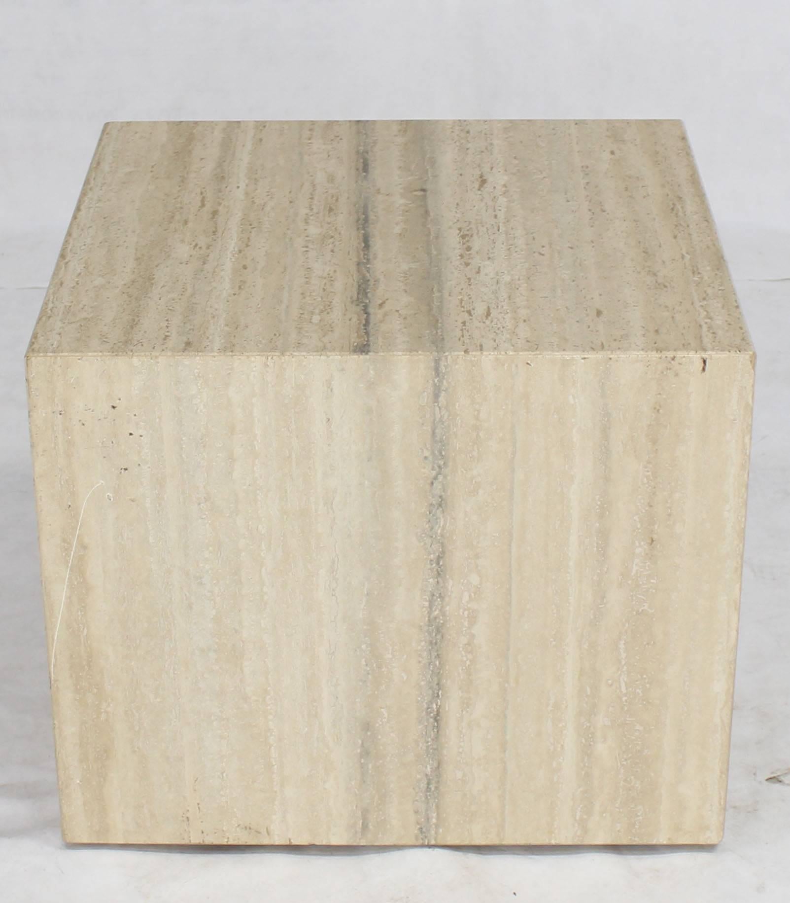 Mid-Century Modern cube on wheels travertine side end or coffee table pedestal.