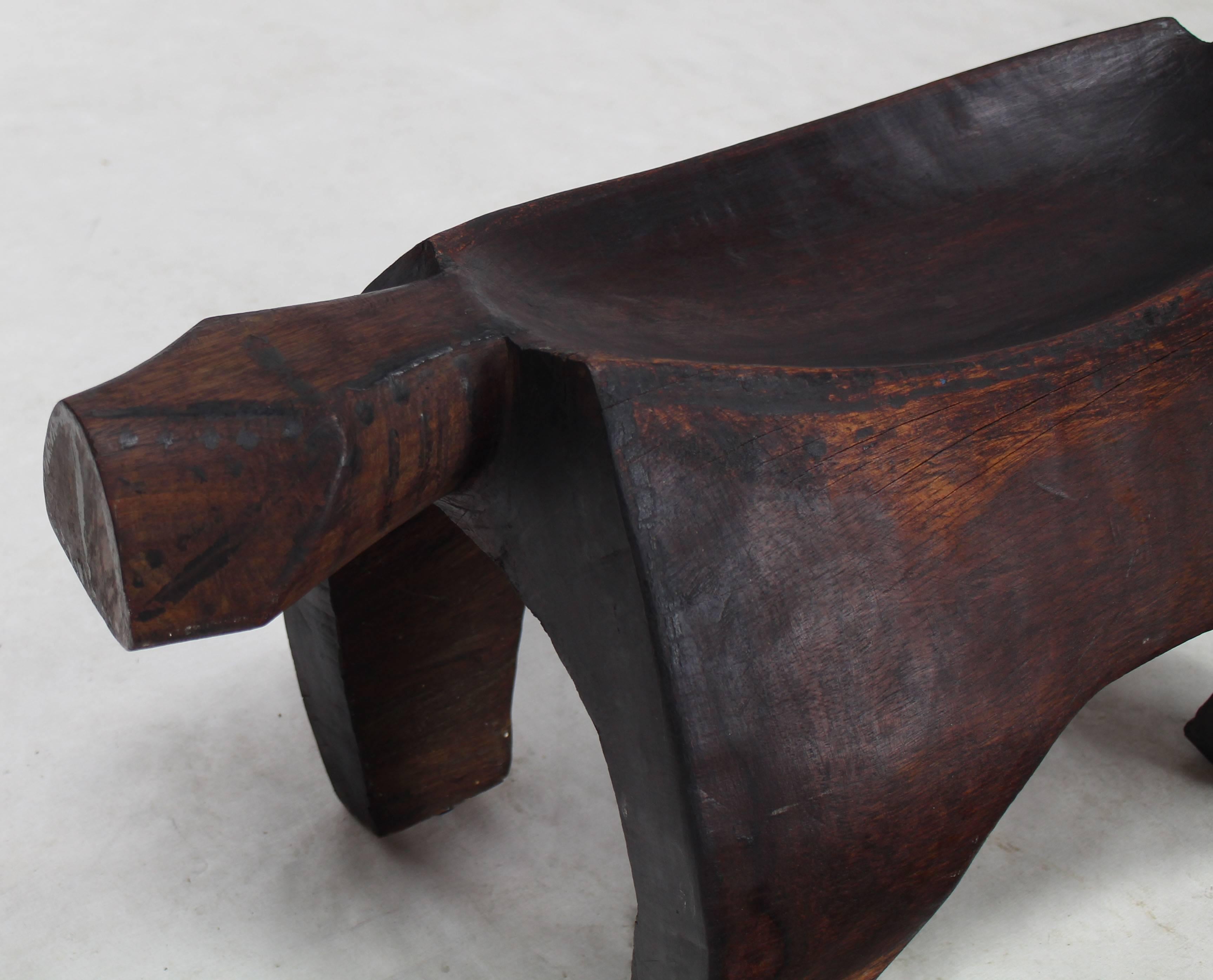 Teak Folk Art Heavy Carved Log Bench Rhinoceros Sculpture For Sale