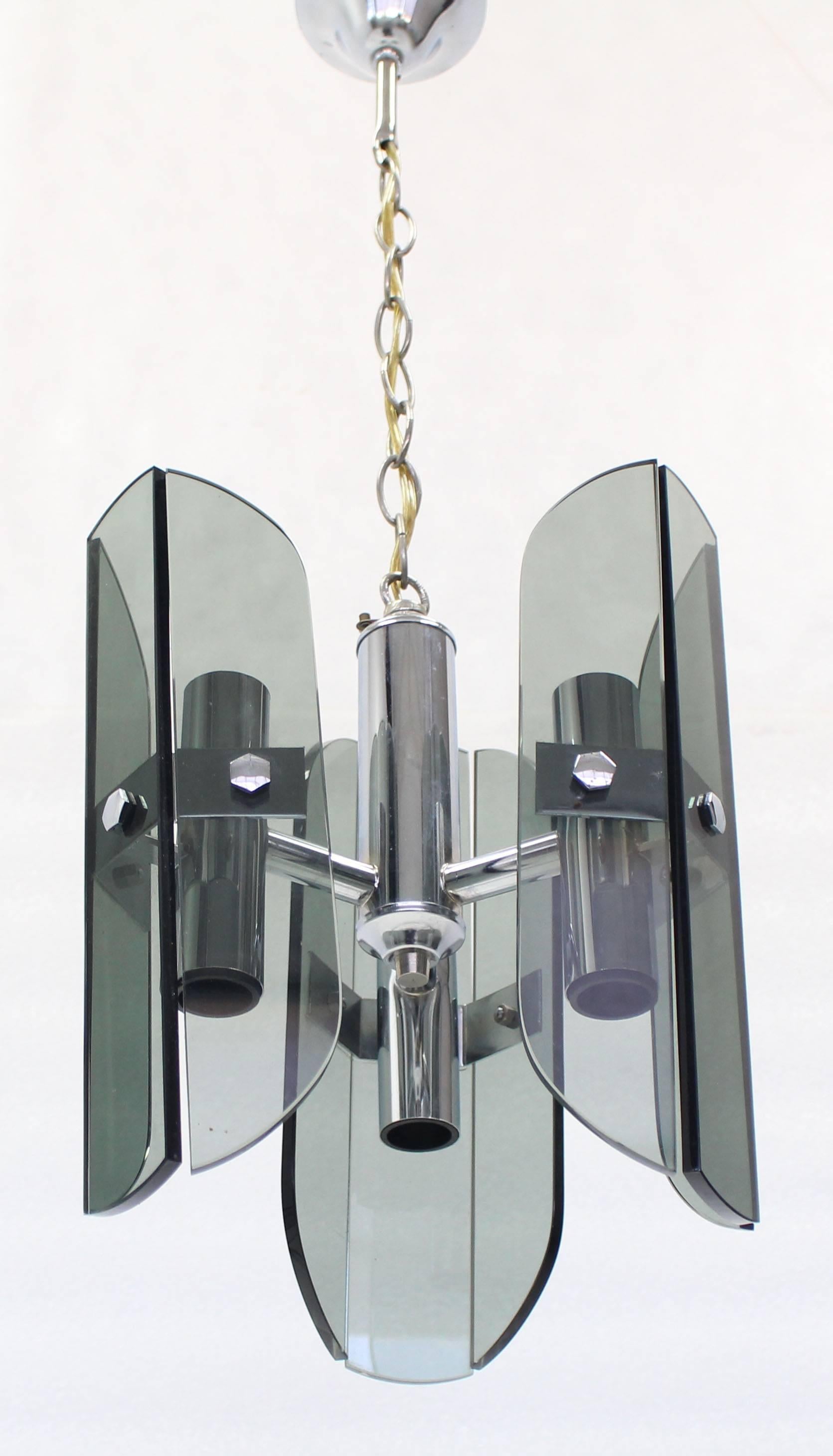 20th Century Veca Smoked Glass Chrome Light Fixture Pendant Chandelier For Sale