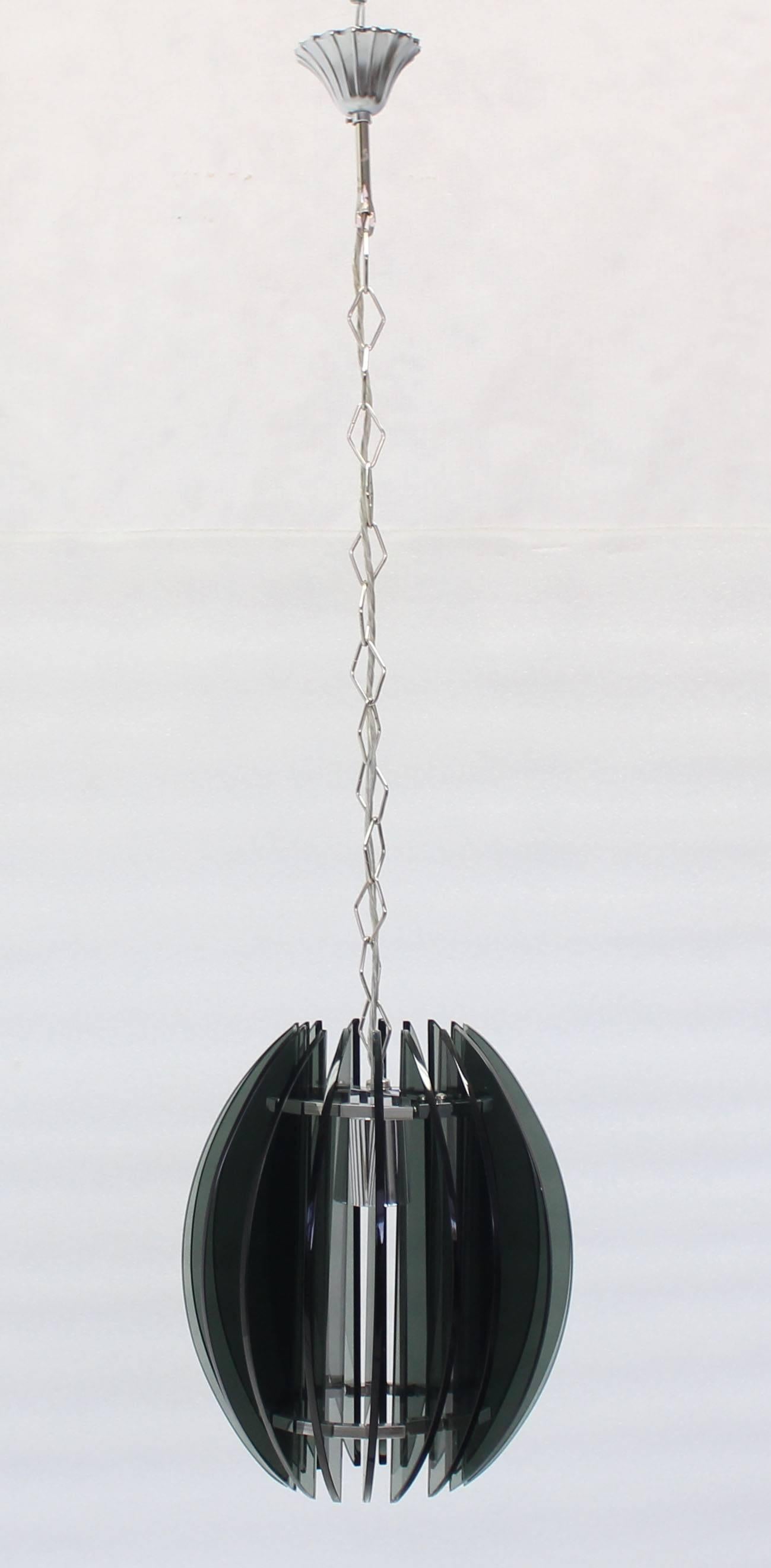 Hi quality smoked glass Italian Mid-Century Modern pendant light fixture chandelier. The actual pendant height is 12 inches.