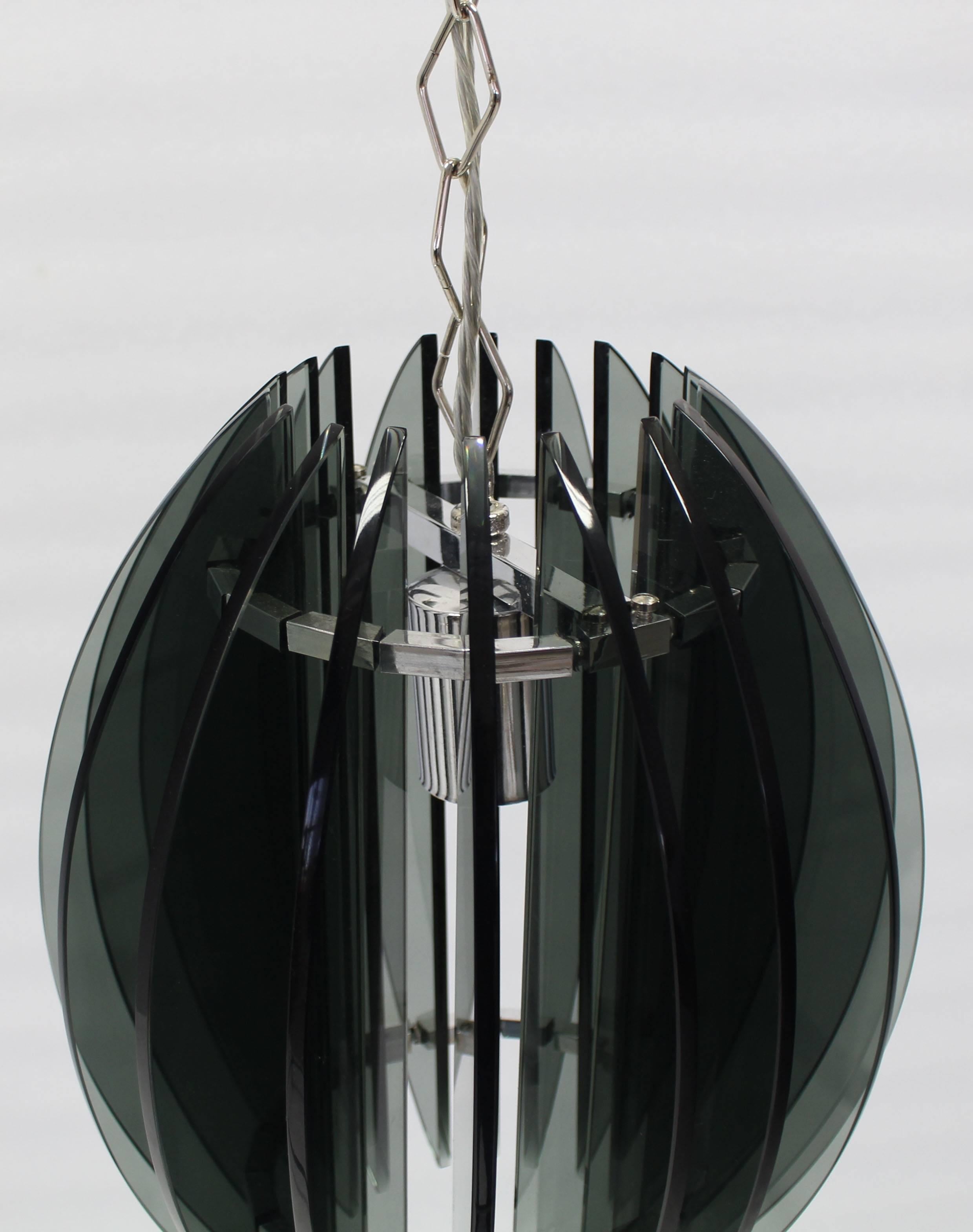 Smoked Glass Veca Italian Mid-Century Modern Baseball Shape Light Fixture Pendant Chandelier For Sale