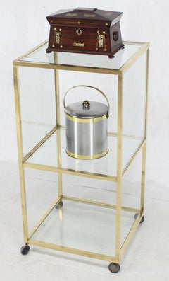 Brass Square Profile Glass Three-Tier Cube Shape Cart Wheels Display Cabinet