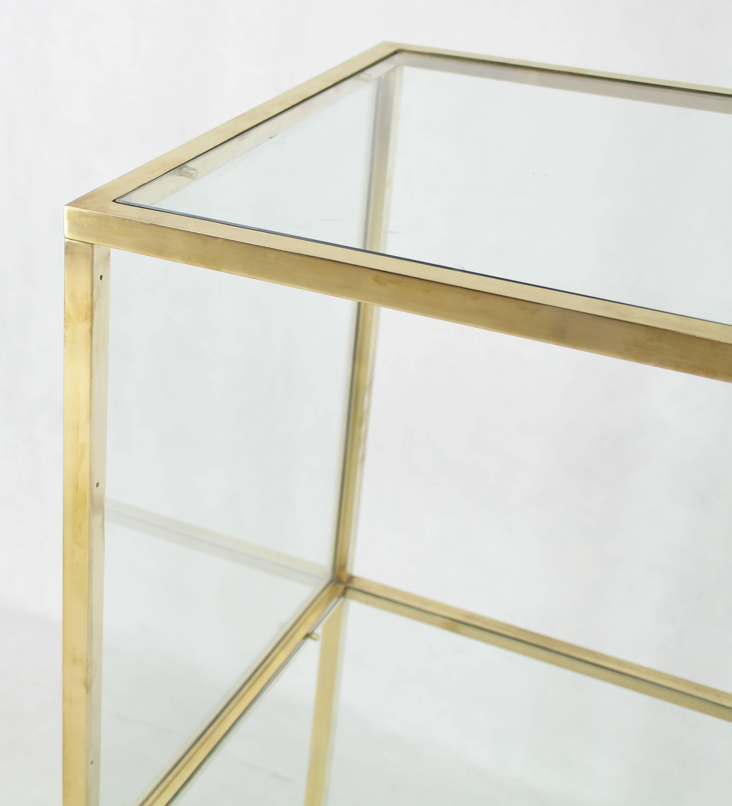 Mid-Century Modern Brass Square Profile Glass Three-Tier Cube Shape Cart Wheels Display Cabinet For Sale