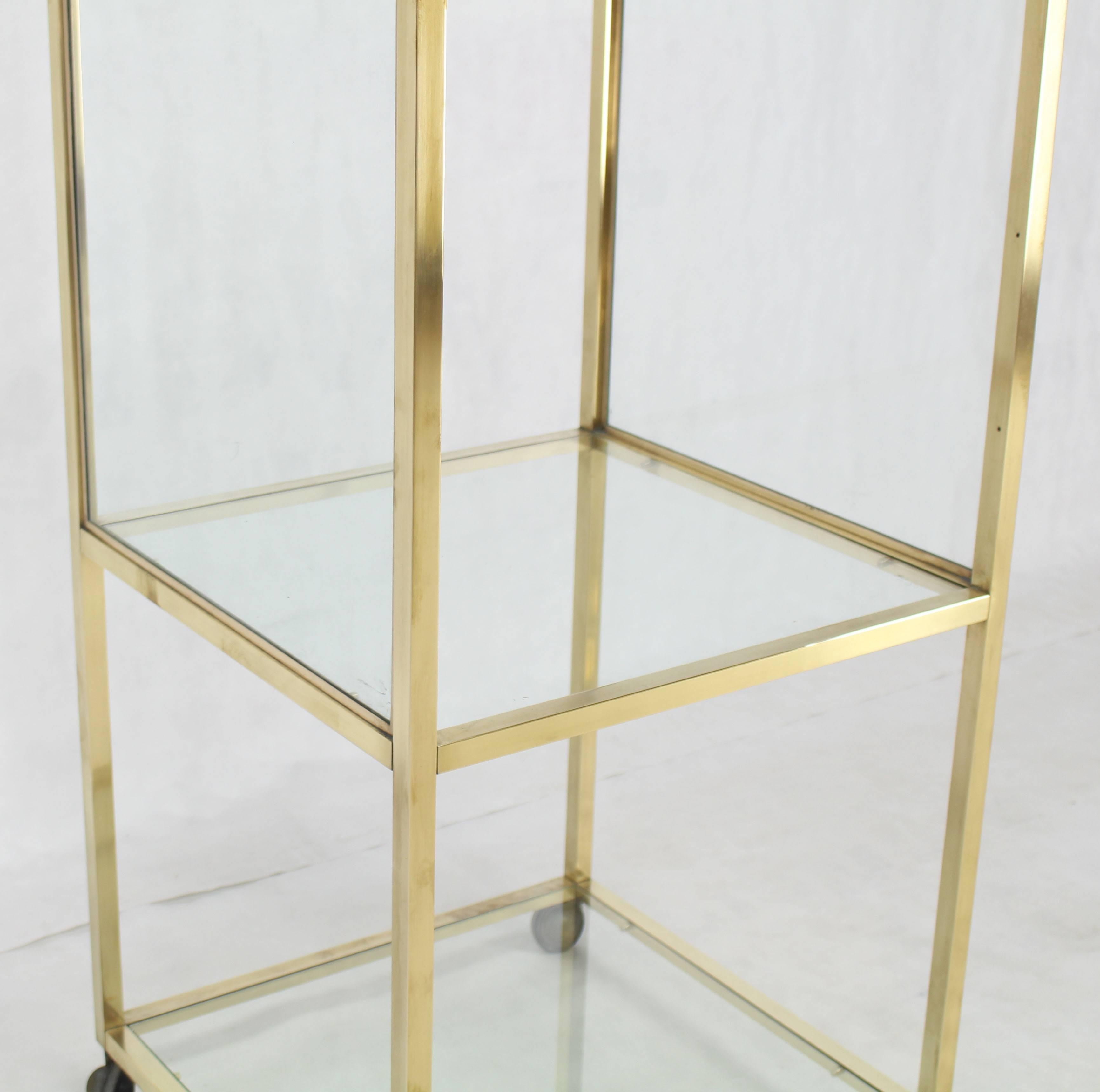 American Brass Square Profile Glass Three-Tier Cube Shape Cart Wheels Display Cabinet For Sale