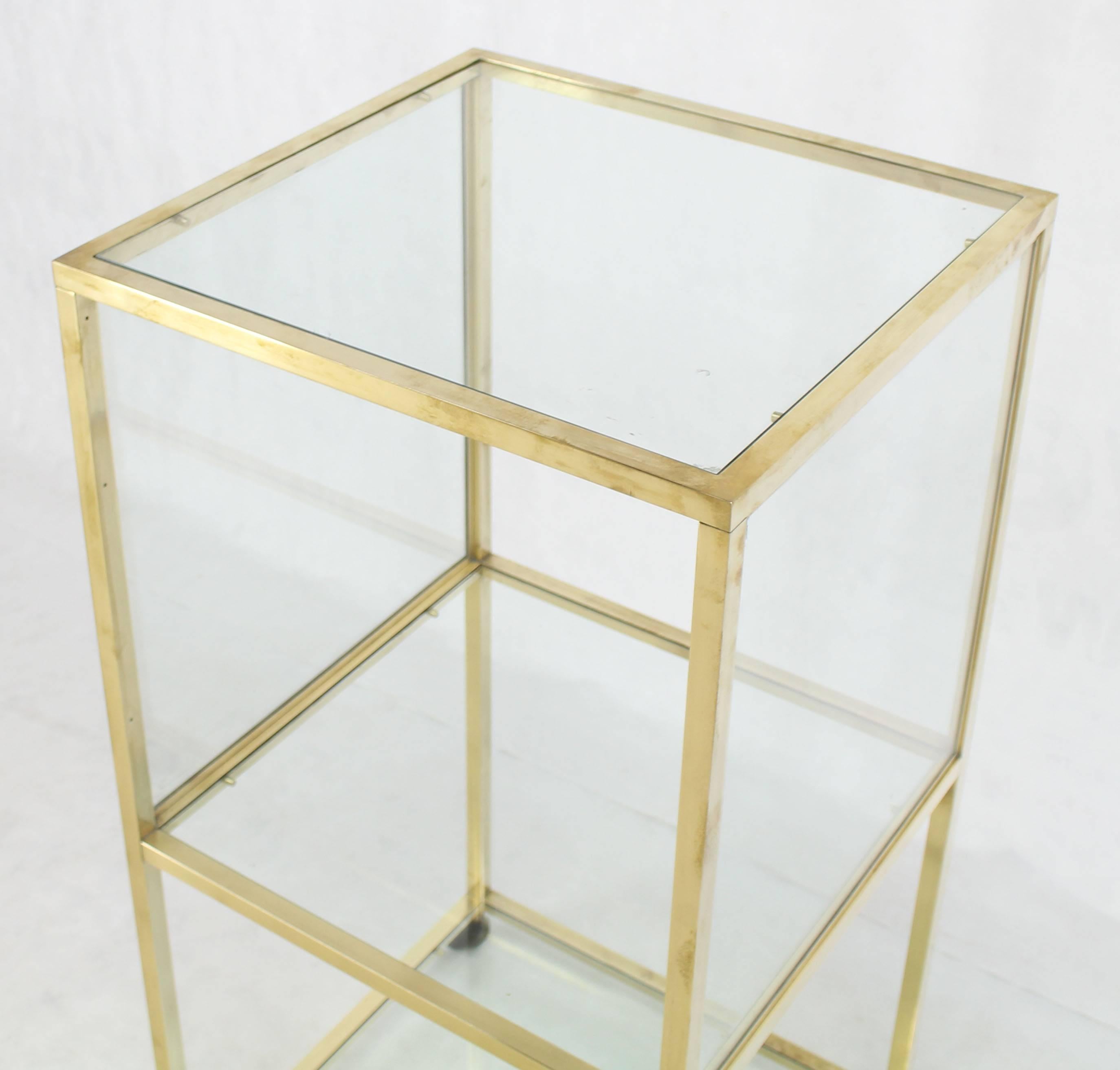 Polished Brass Square Profile Glass Three-Tier Cube Shape Cart Wheels Display Cabinet For Sale