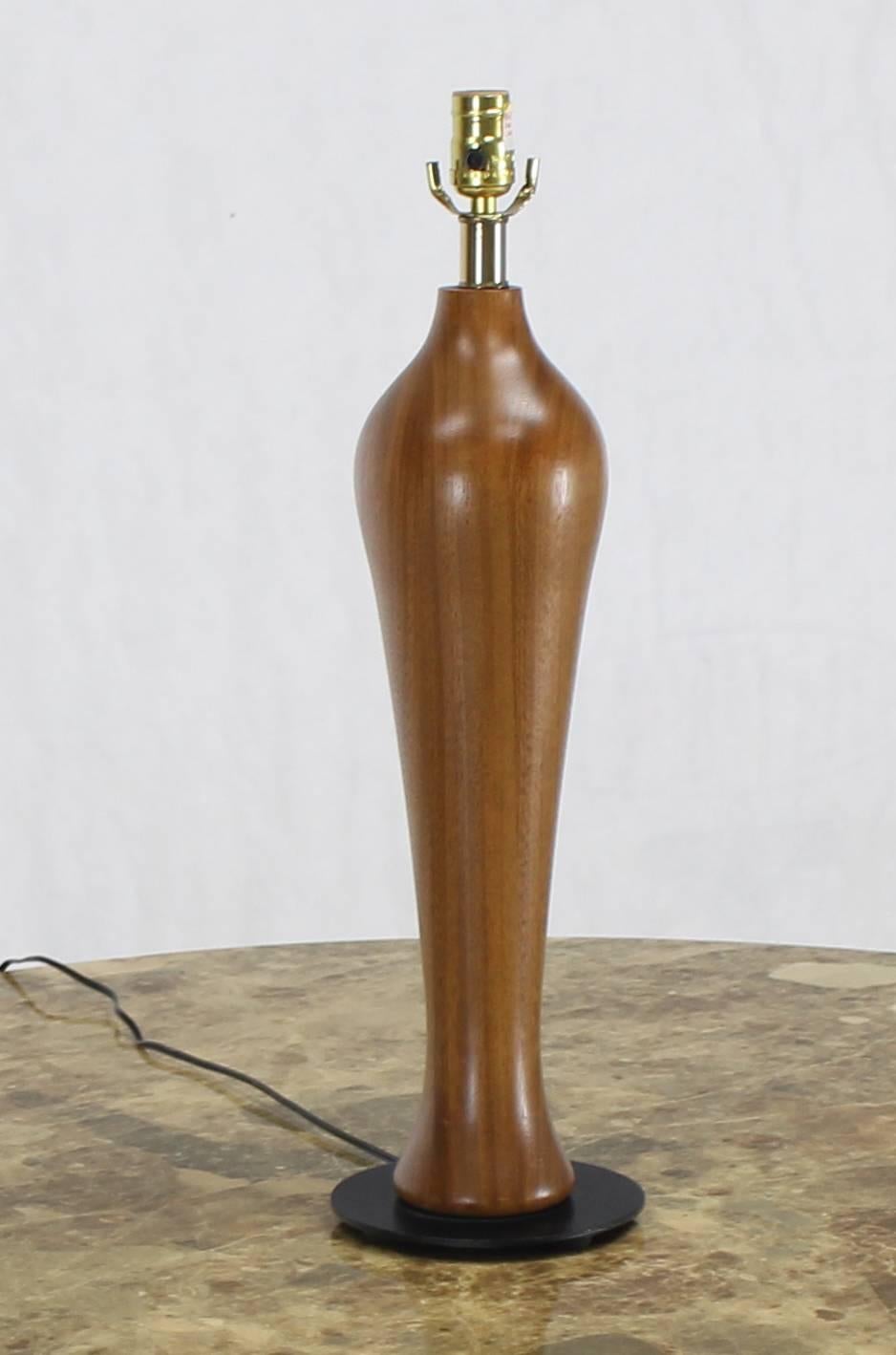 Mid-Century Modern Solid Carved Turned Teak Vase Shape Table Lamps For Sale