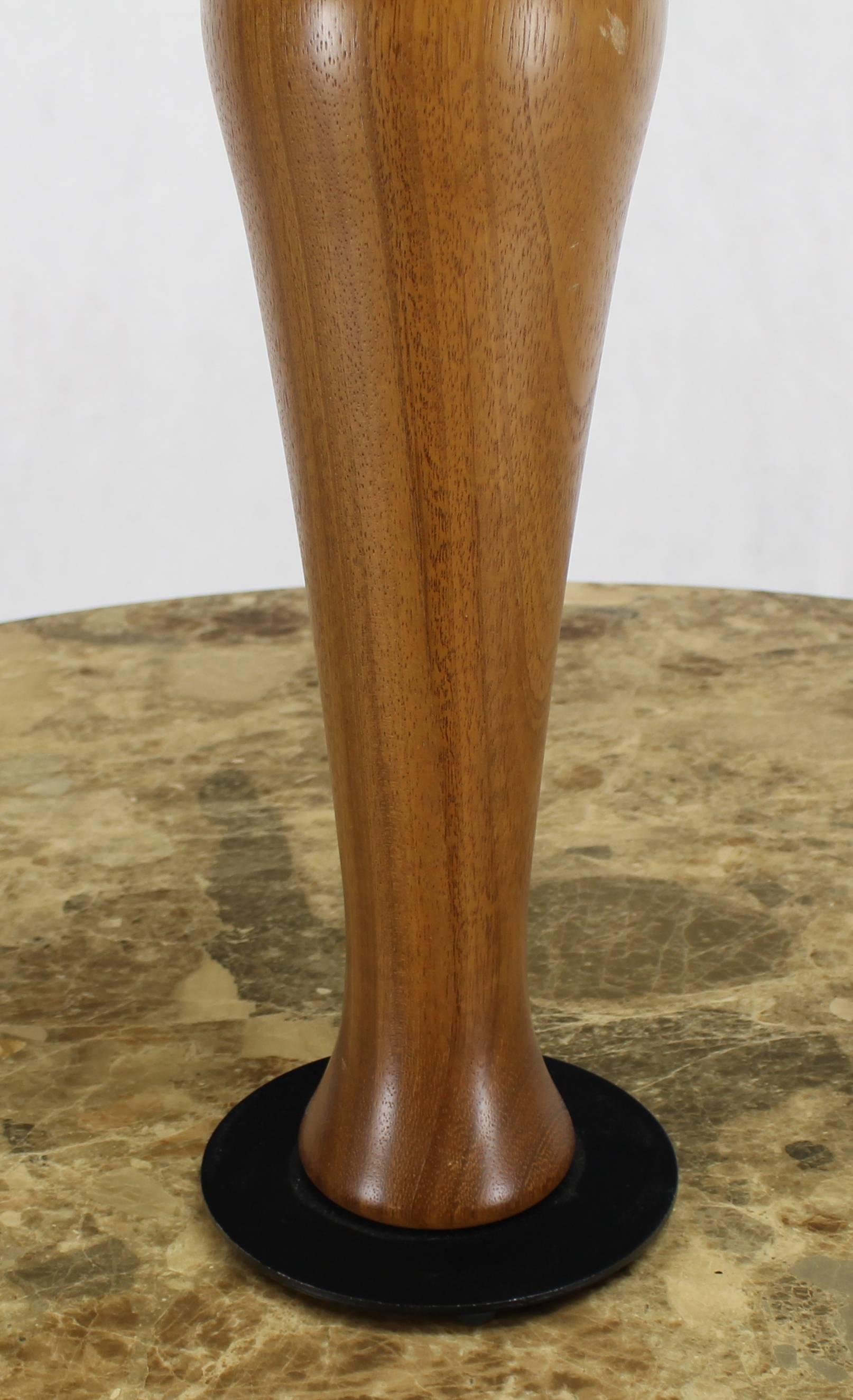 American Solid Carved Turned Teak Vase Shape Table Lamps For Sale