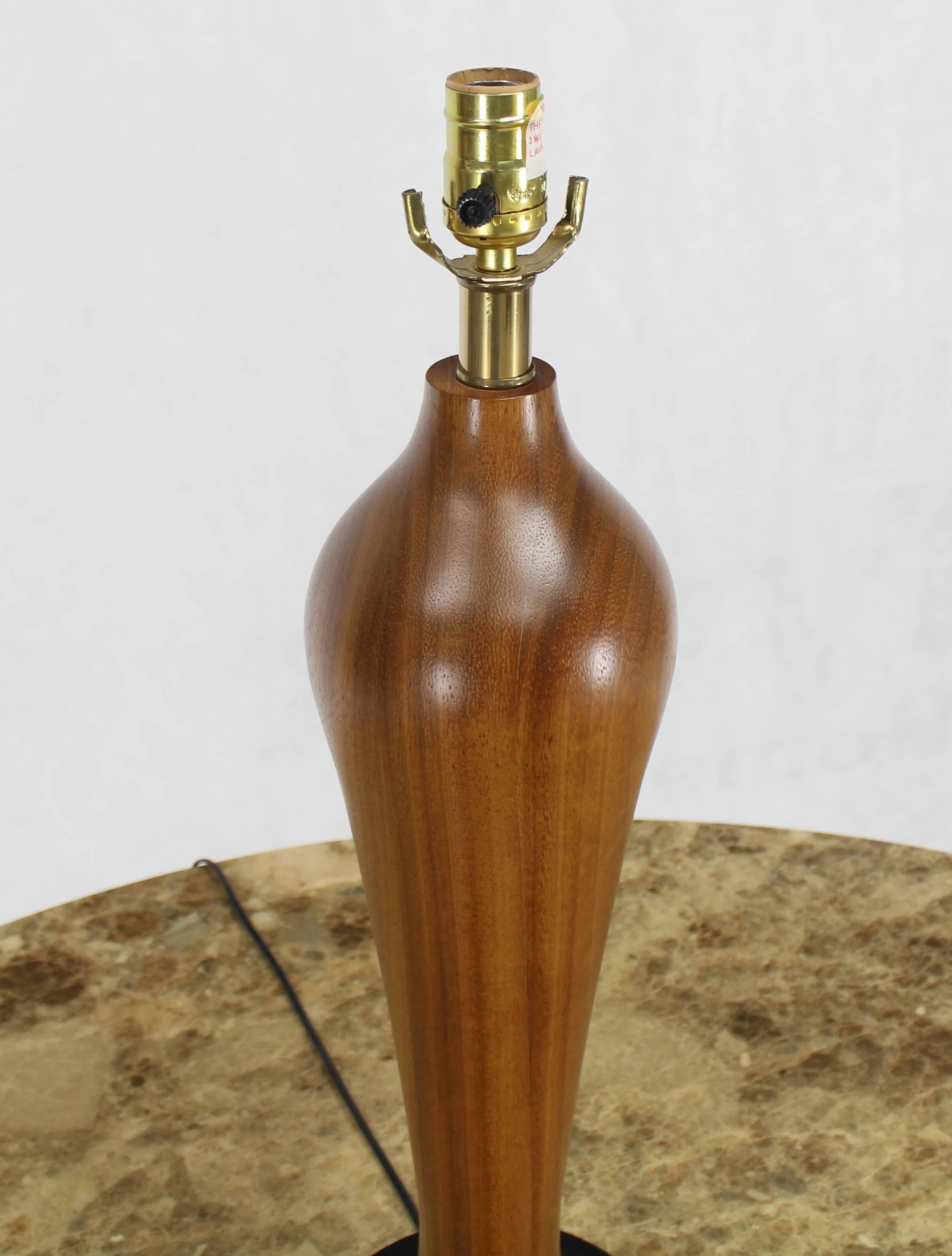 Lacquered Solid Carved Turned Teak Vase Shape Table Lamps For Sale