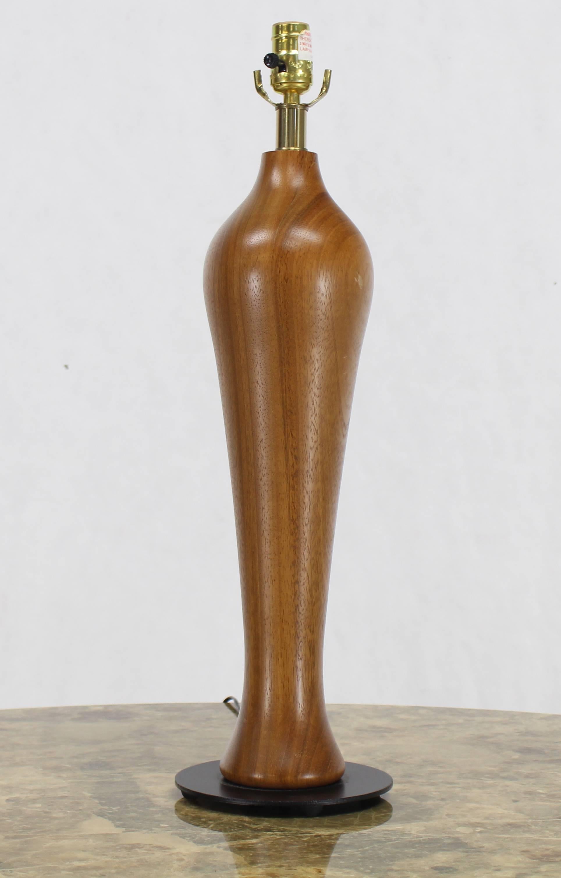 Solid Carved Turned Teak Vase Shape Table Lamps In Excellent Condition For Sale In Rockaway, NJ