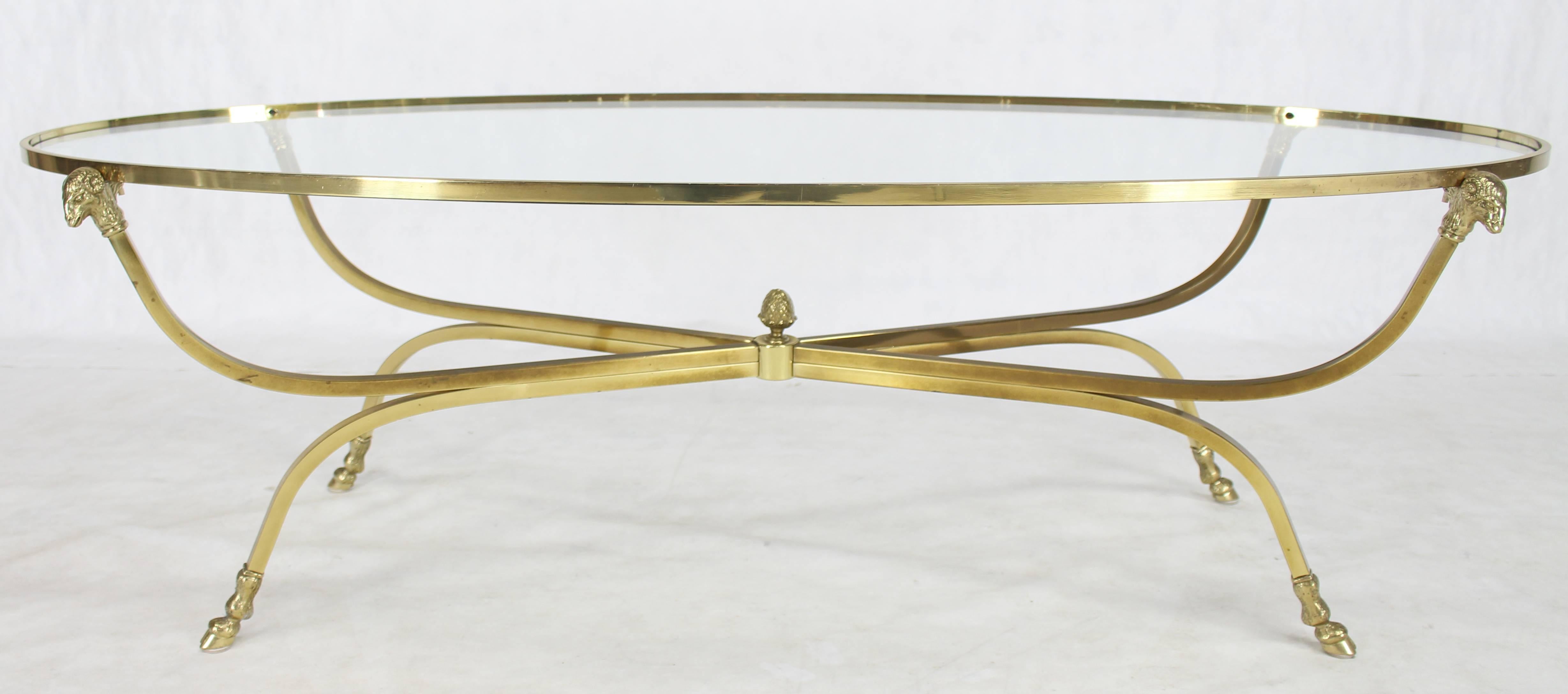 Mid-Century Modern Large Oval Polished Brass Glass Top Coffee Table on Hoof Foot  For Sale
