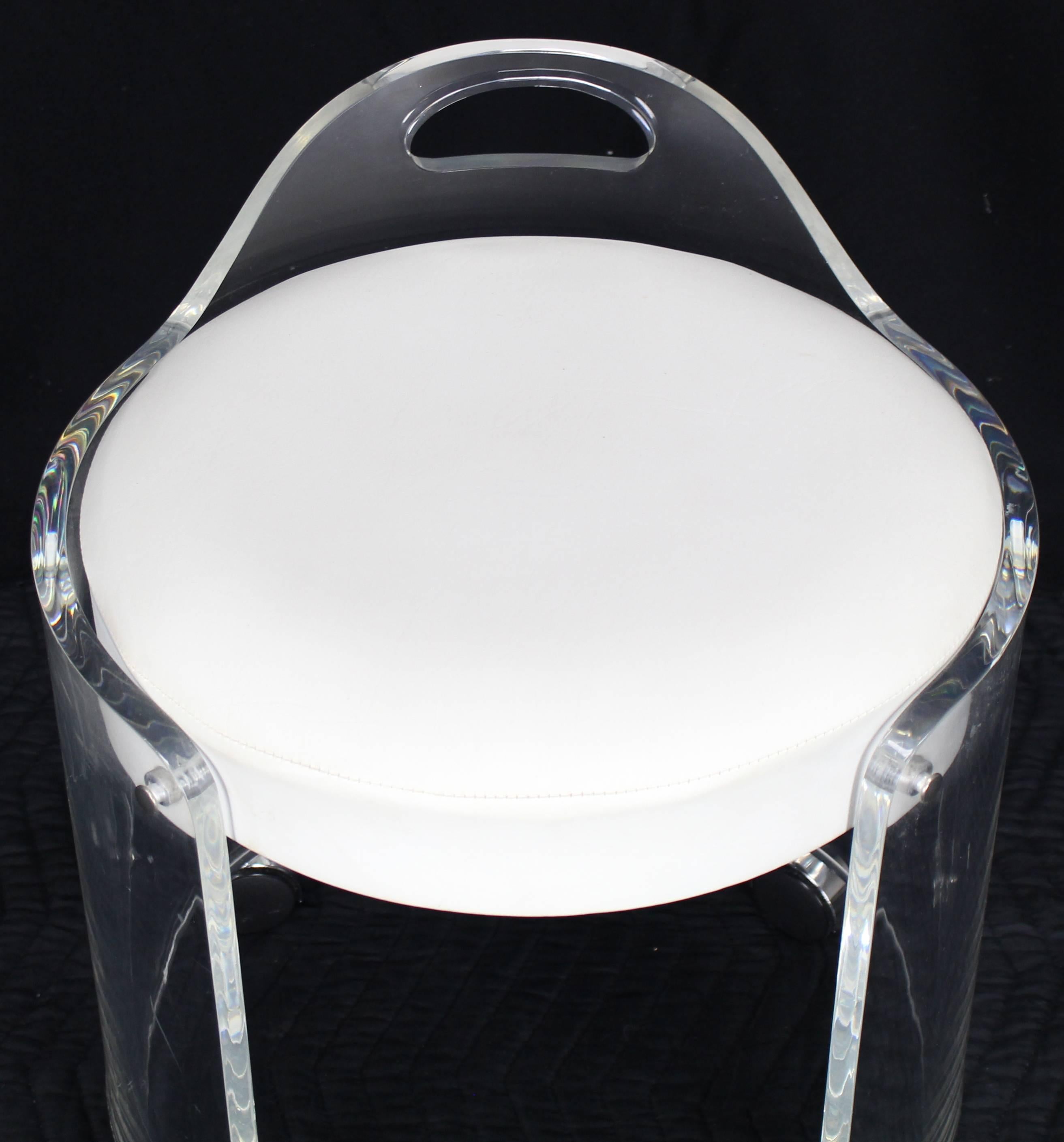 Mid-Century Modern Round Bent Lucite Upholstered Bench Stool on Wheels