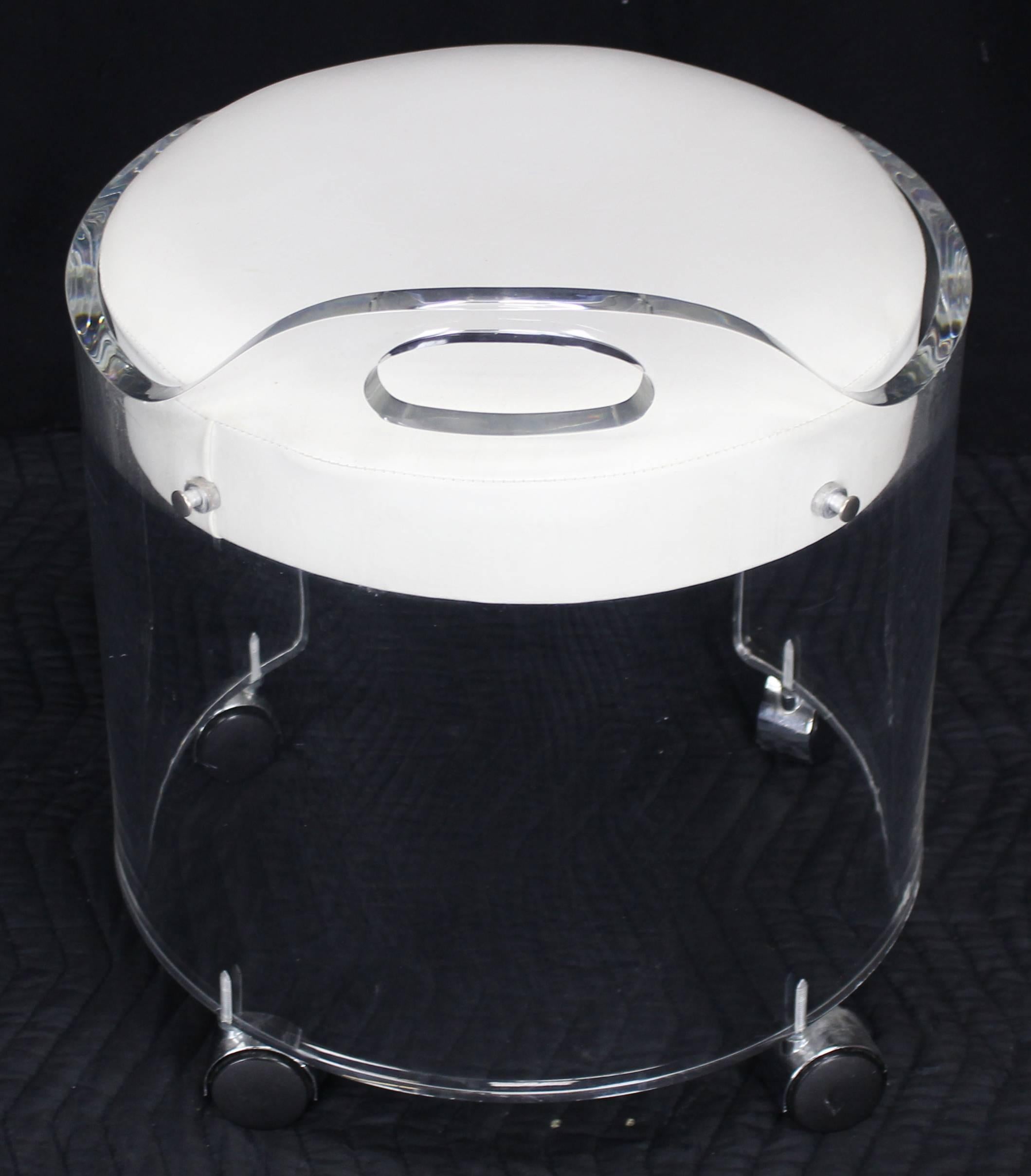 Round Bent Lucite Upholstered Bench Stool on Wheels In Excellent Condition In Rockaway, NJ