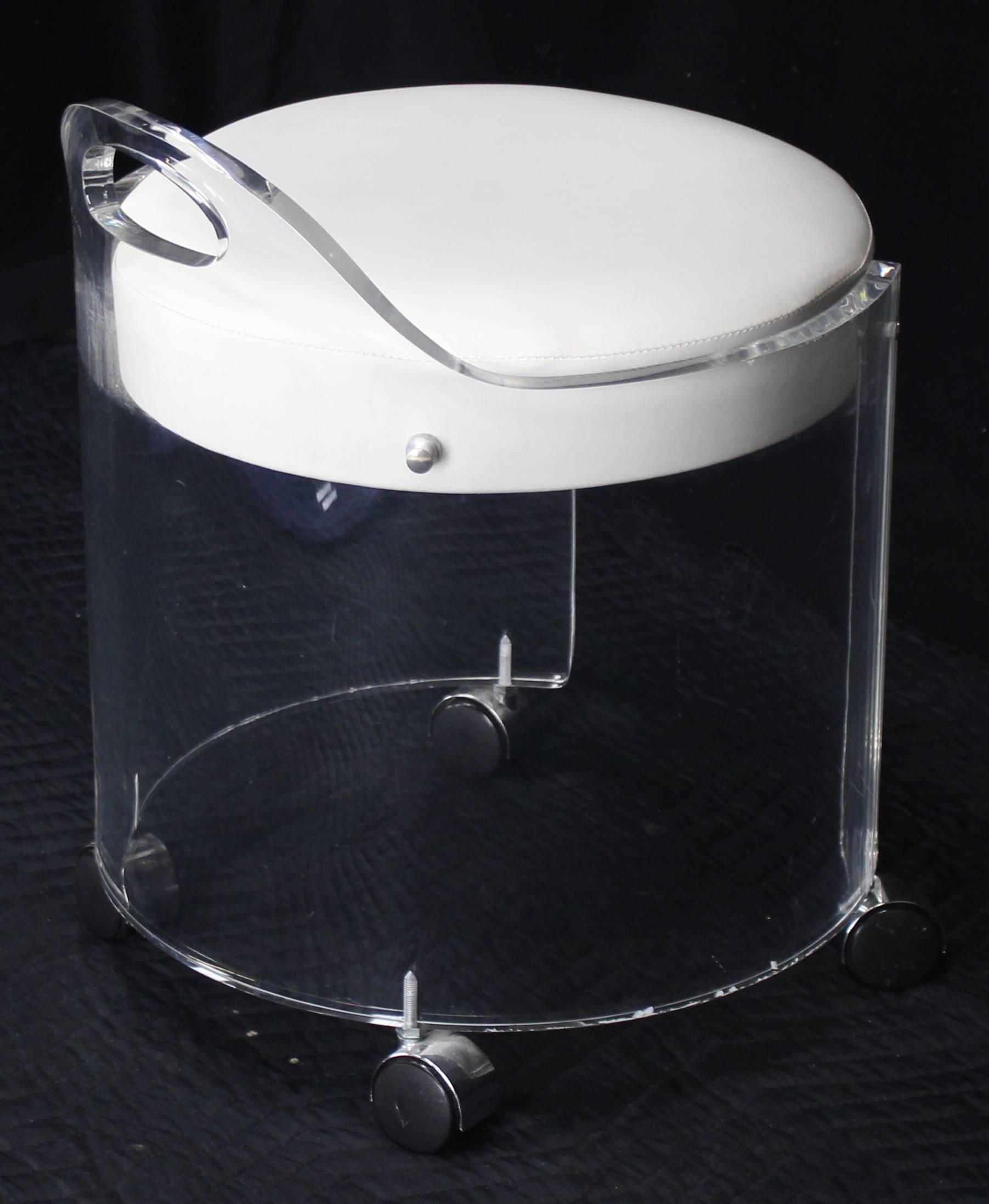 Polished Round Bent Lucite Upholstered Bench Stool on Wheels