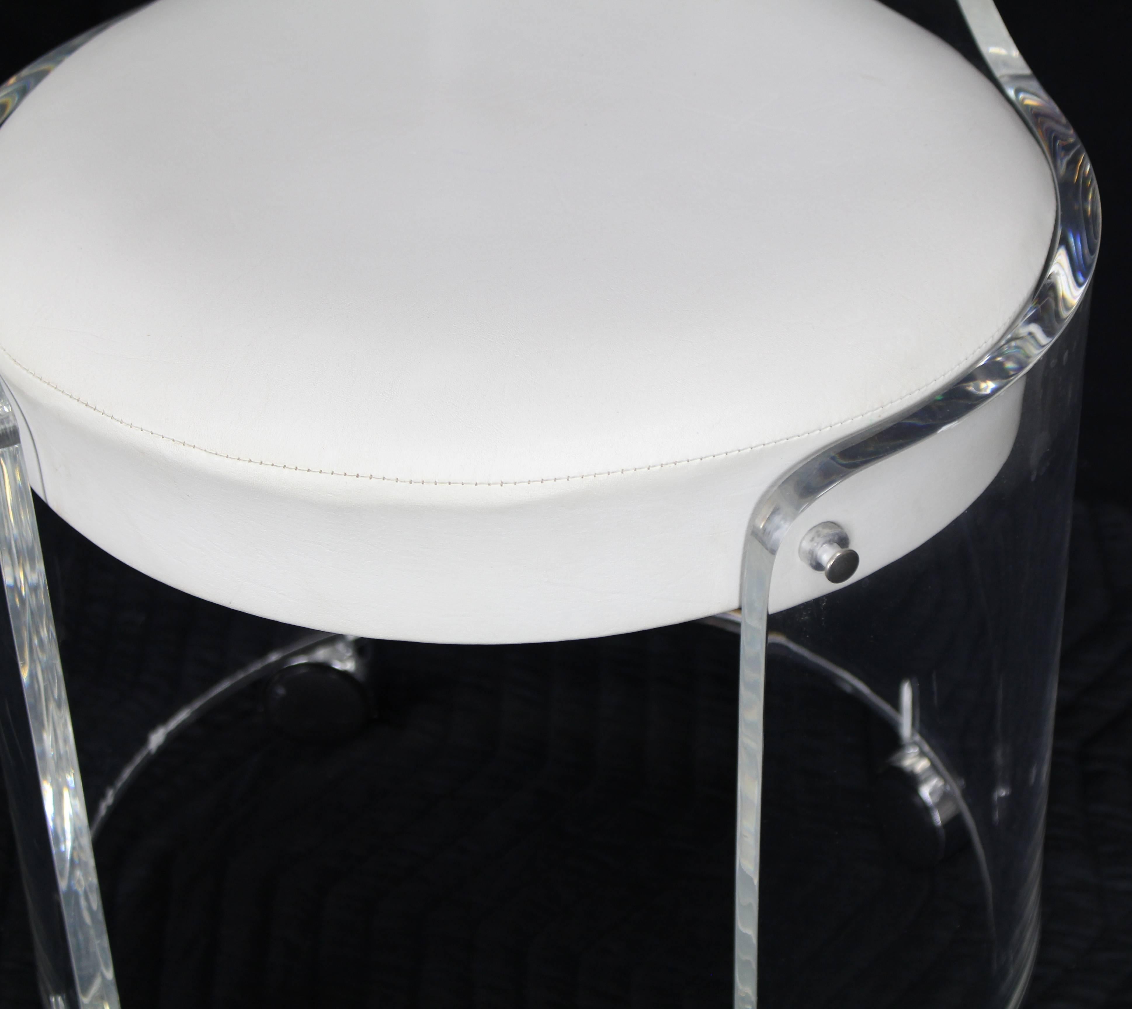 American Round Bent Lucite Upholstered Bench Stool on Wheels
