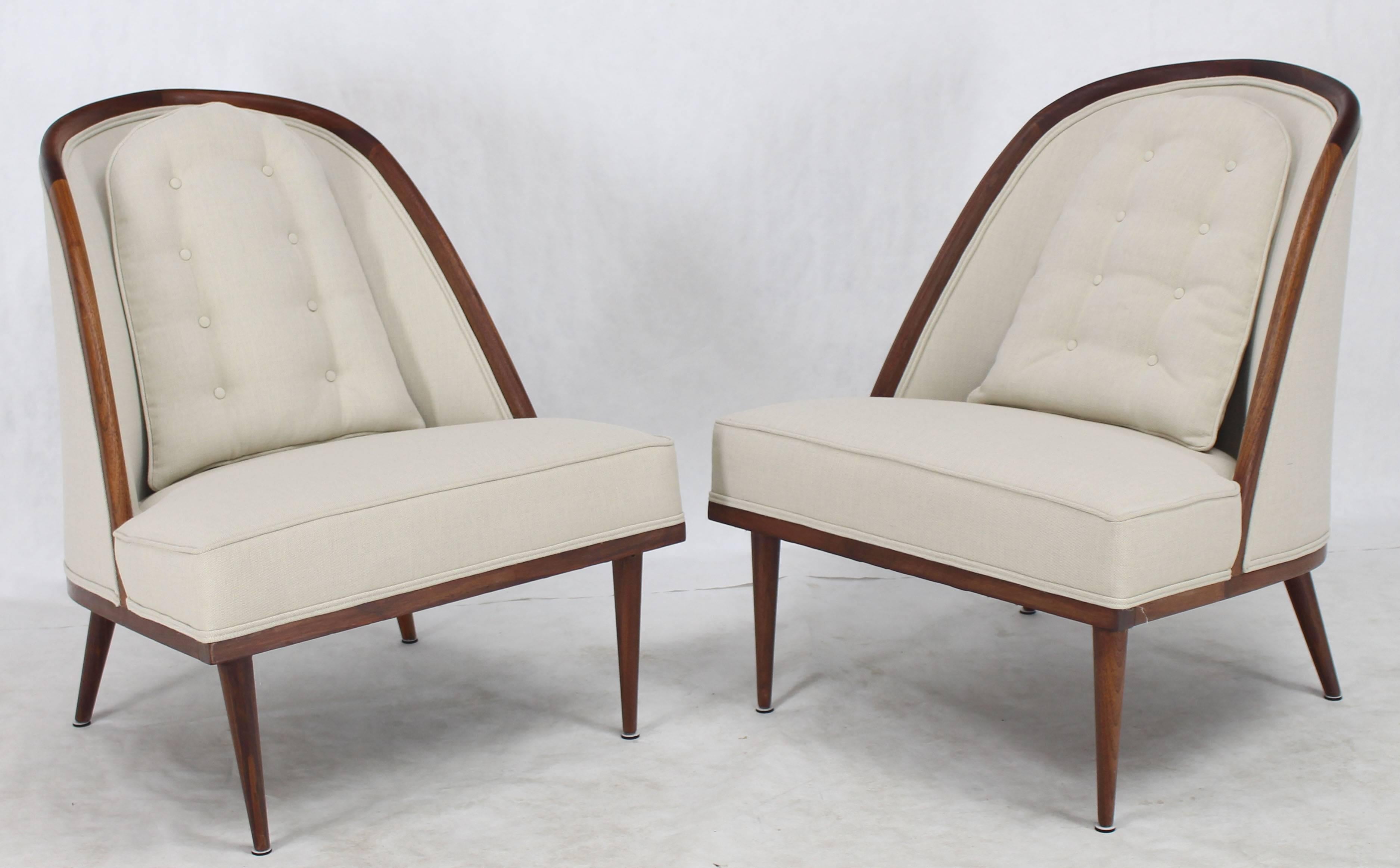 Mid-Century Modern Oiled Walnut Frame Barrel Back Lounge Chairs In Excellent Condition In Rockaway, NJ