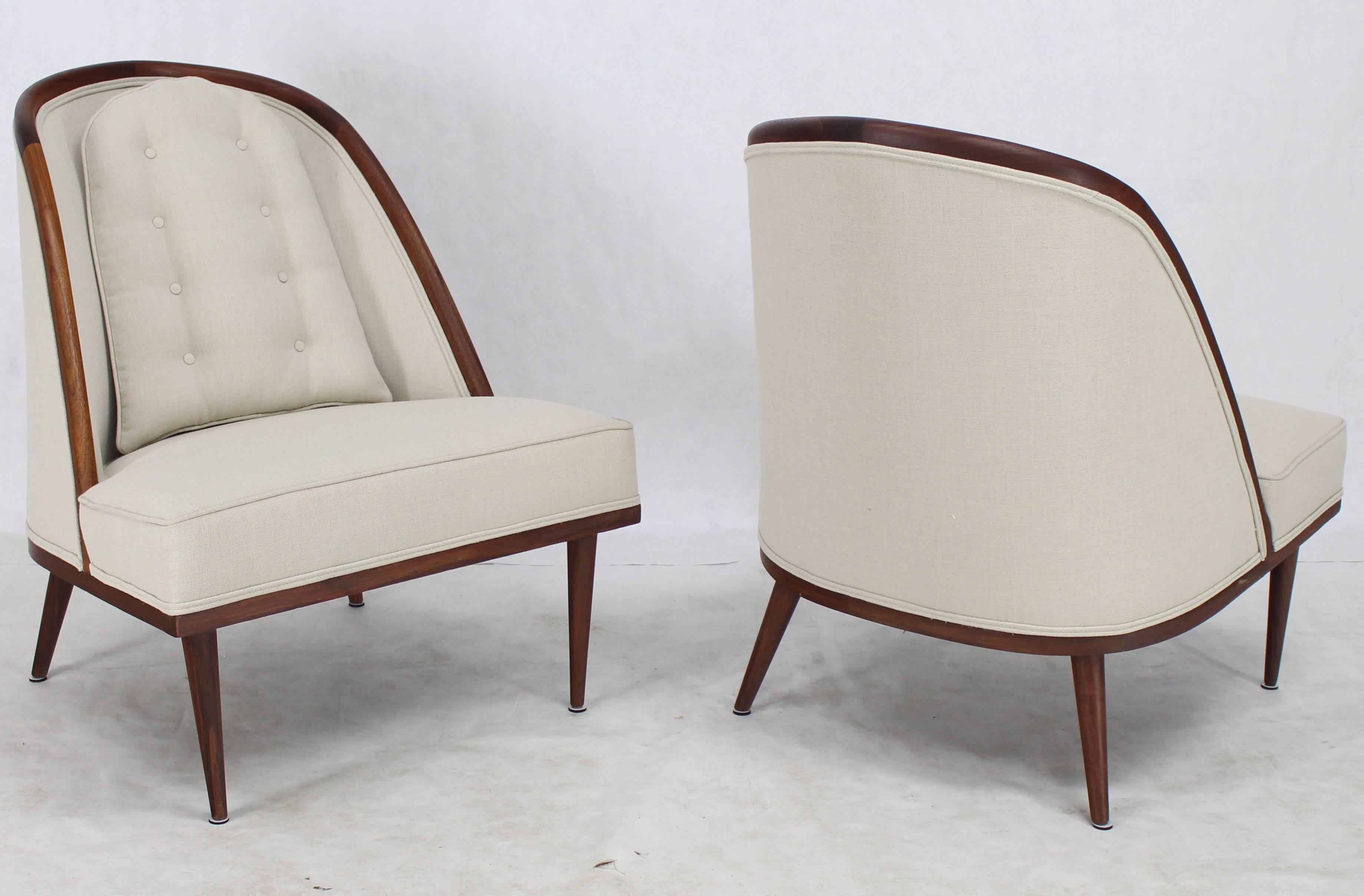 Mid-Century Modern Oiled Walnut Frame Barrel Back Lounge Chairs 1