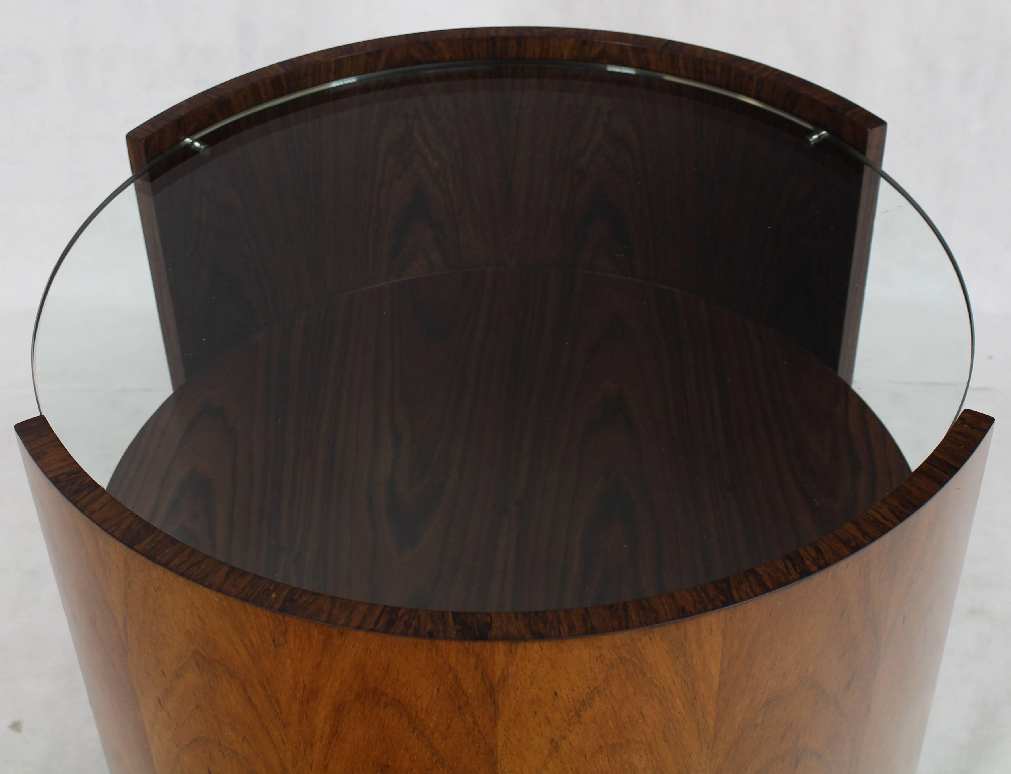 American Walnut Round Glass Top Barrel Shape Side Occasional Table