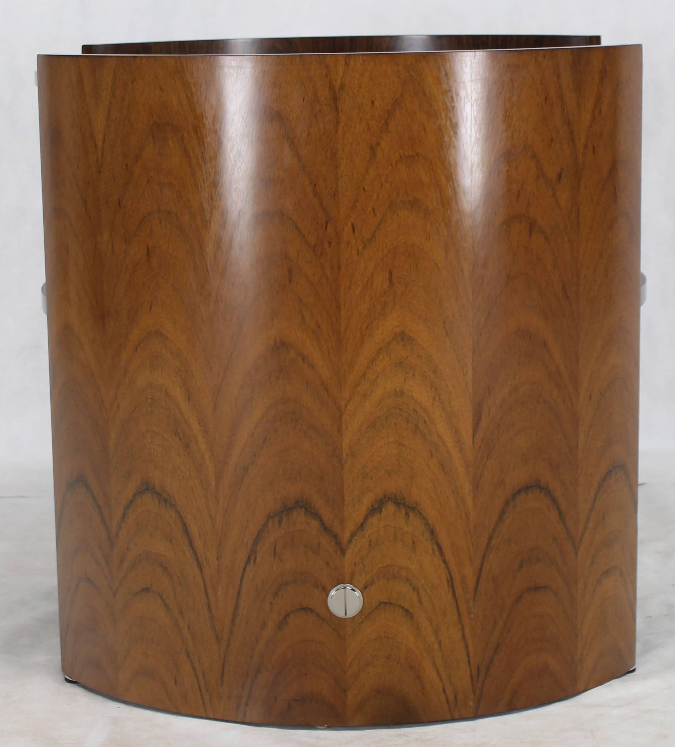 Mid-Century Modern Walnut Round Glass Top Barrel Shape Side Occasional Table
