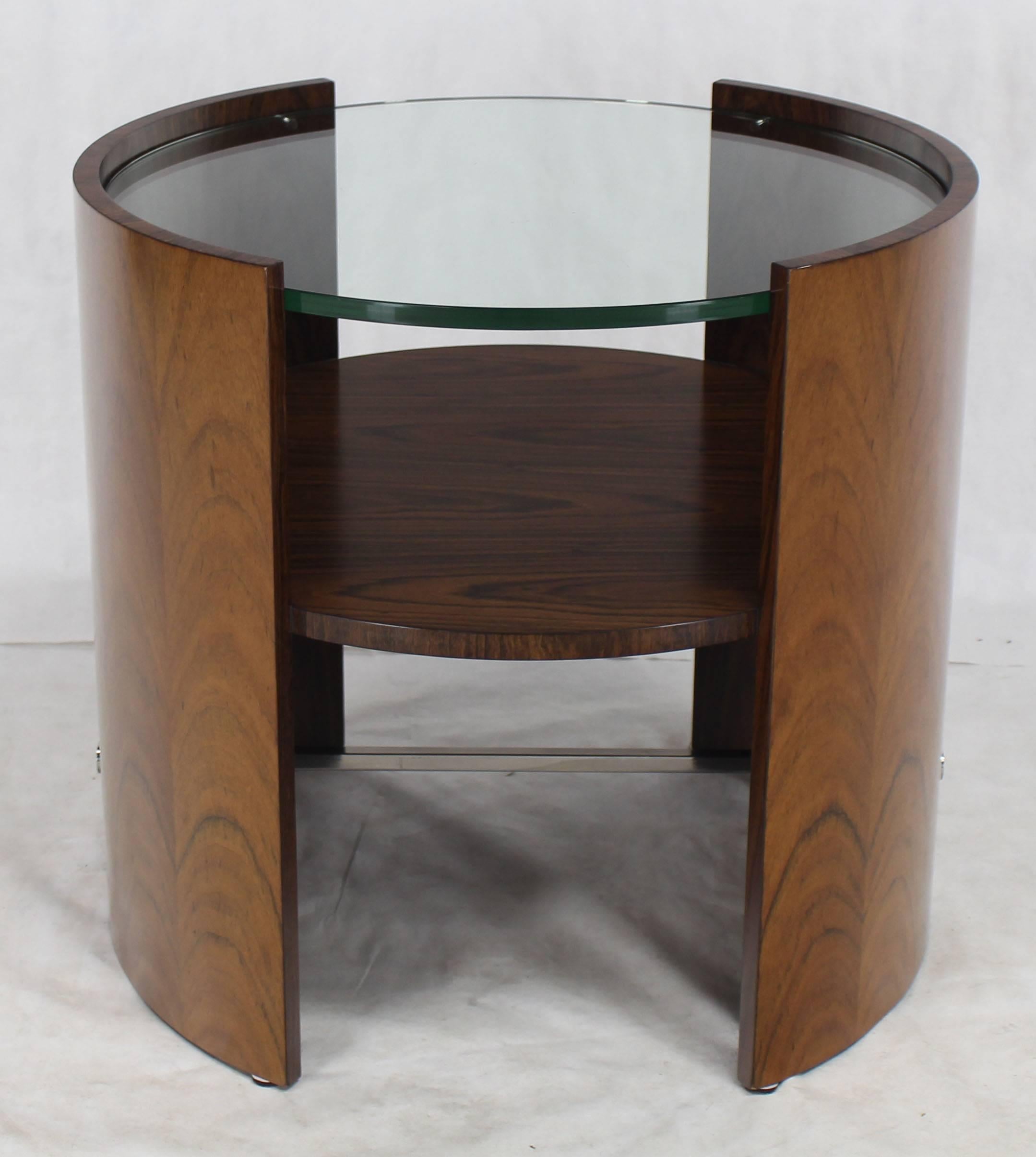 Lacquered Walnut Round Glass Top Barrel Shape Side Occasional Table
